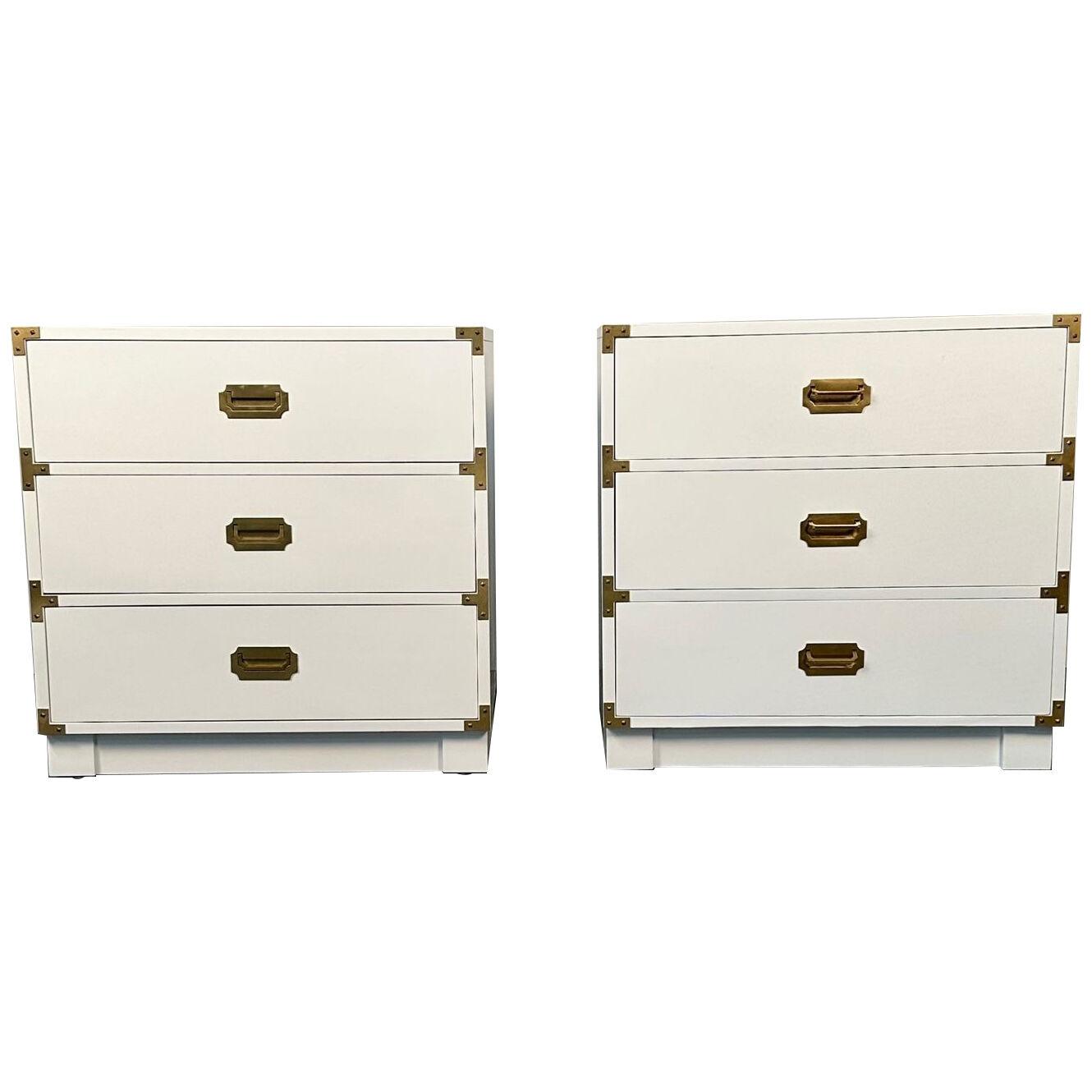 Pair of Mid-Century Modern White Campaign Dressers / Nightstands, Drexel