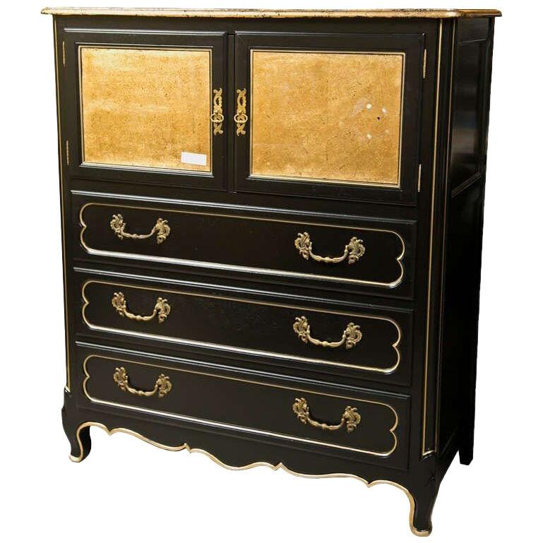 Ebonized Cabinet on Chest French Louis XV Style With Parcel Gilt Glass Doors