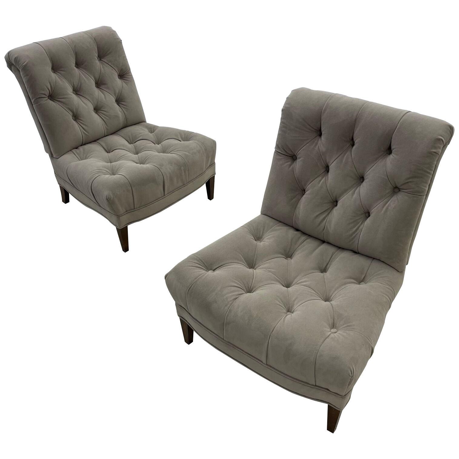 Pair Mid-Century Modern Slipper/Lounge Chairs, American Designer, Tufted, Suede	