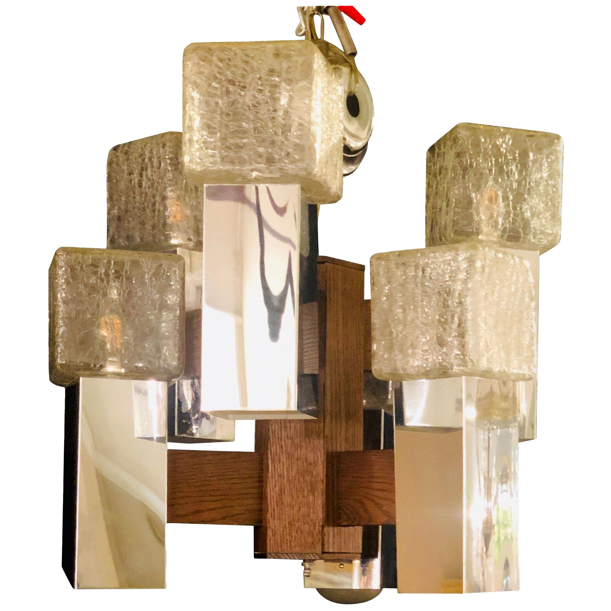 Art Deco Style Glass and Burl Wood Chandelier with 12 Lights and 2 Tier