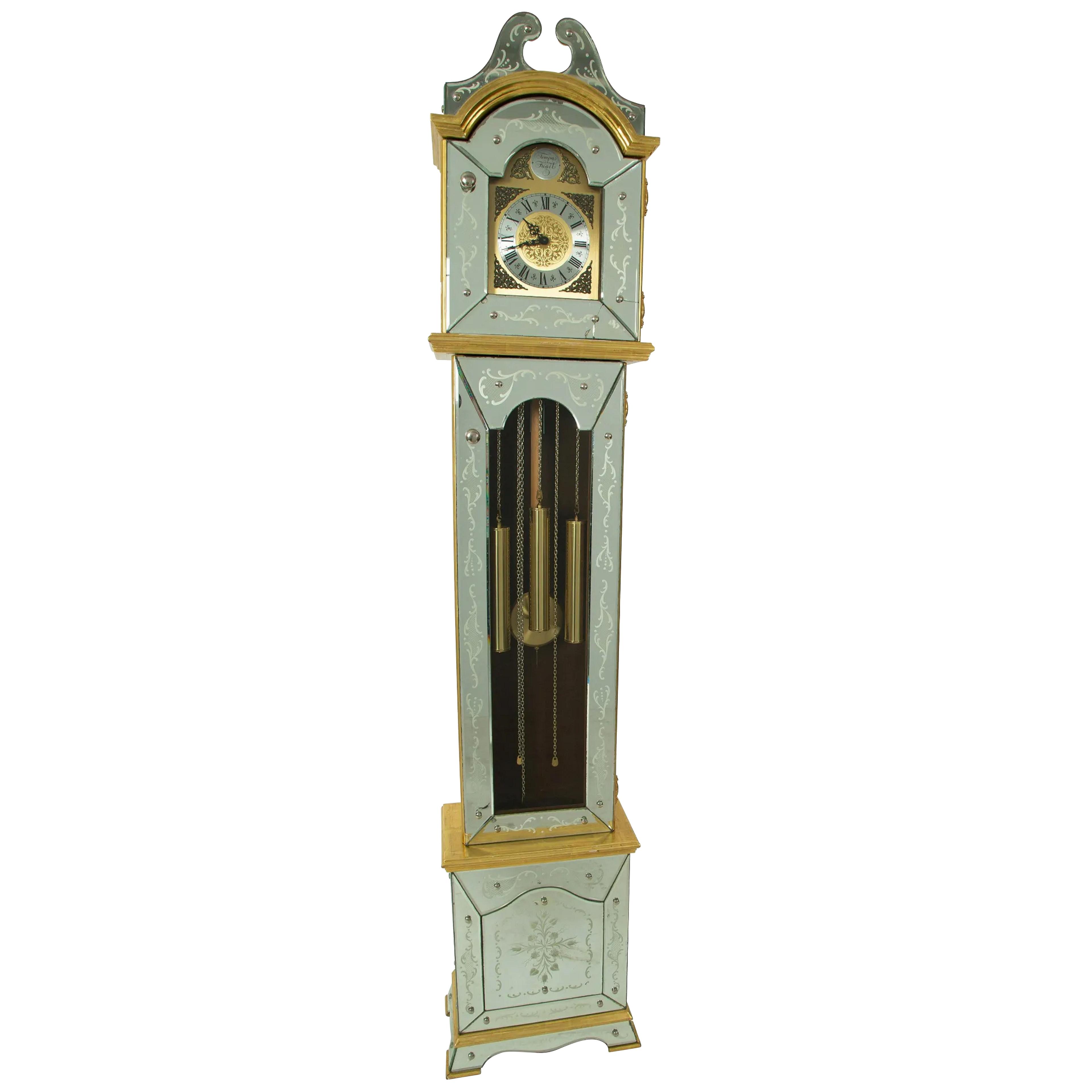 Venetian Etched Glass Tall Case Grandfather Clock, Giltwood, Tempus Fugit.