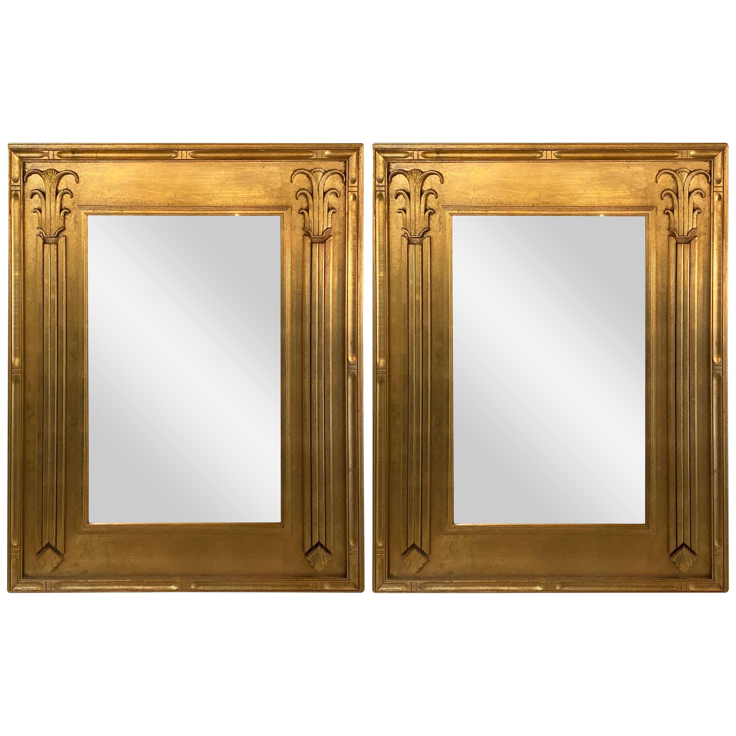 Pair of Art Deco Style Gilt Gold Architecturally Carved Wall or Console Mirrors