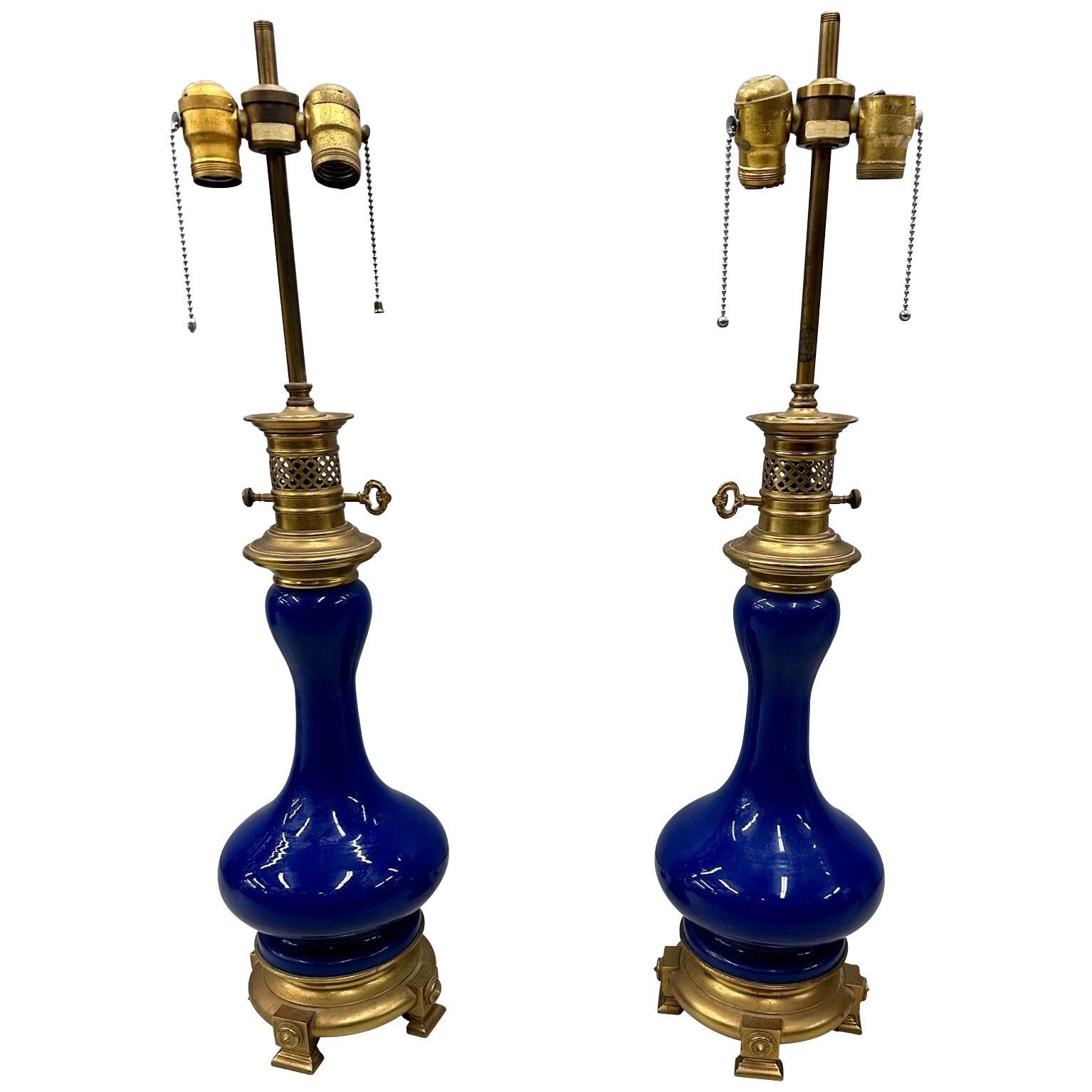 Vintage Pair of Cobalt Blue Warren Kessler Porcelain Table Lamps, Brass, Labeled