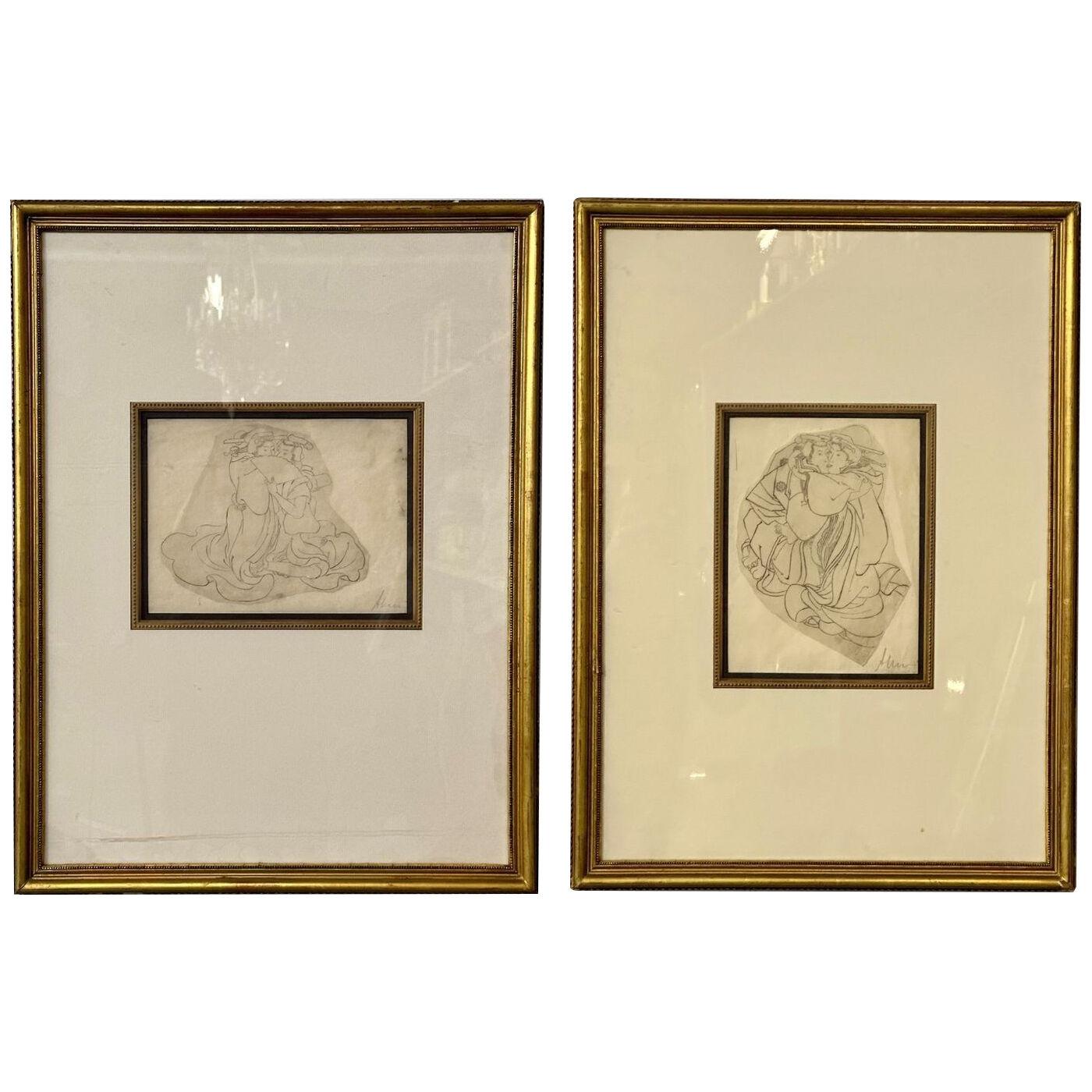 Pair of 19th C. Oriental Shunga Drawings, 'Loving Couple' Signed & Dated