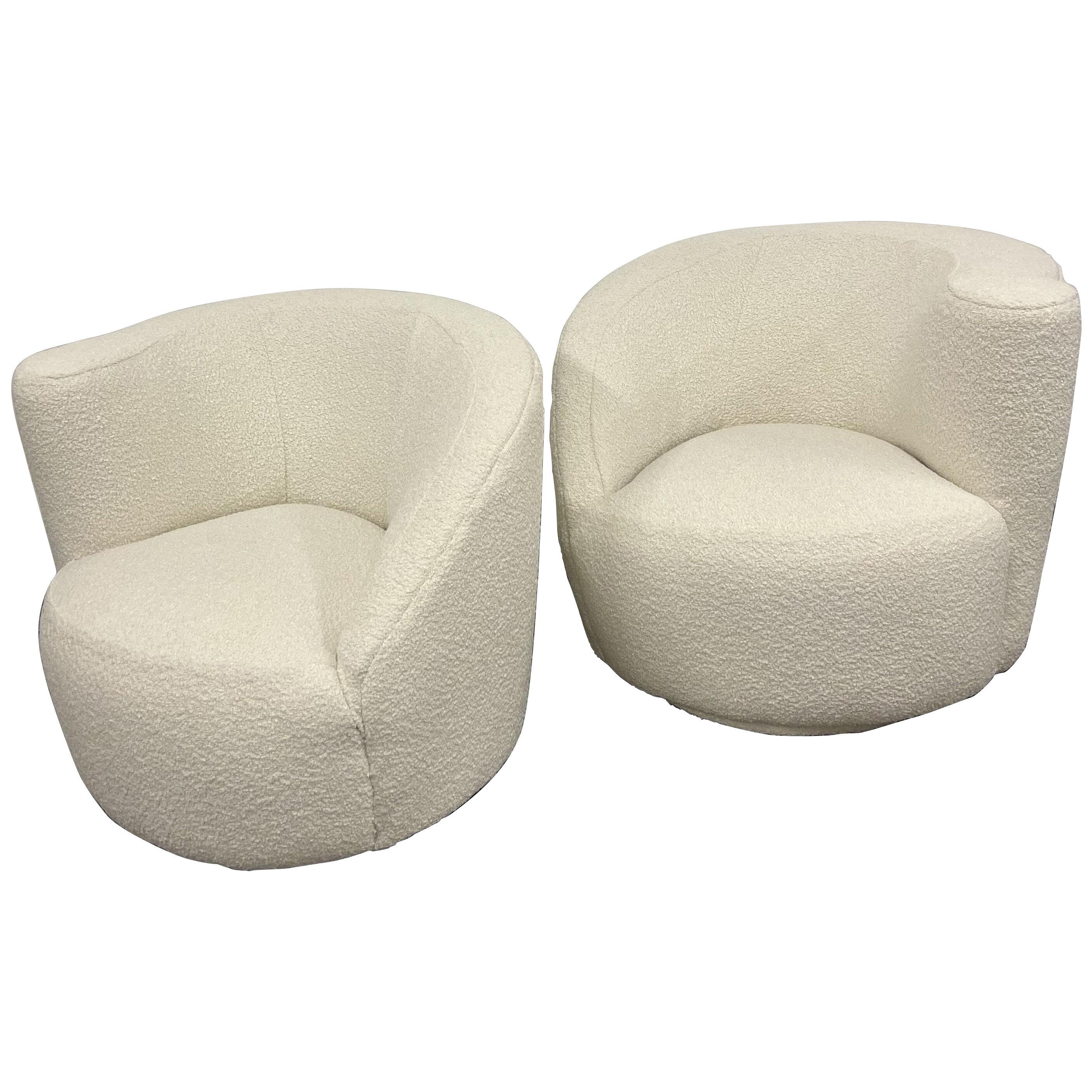 Mid-Century Modern Vladimir Kagan Nautilus Style Swivel Lounge Chairs, Bouclé