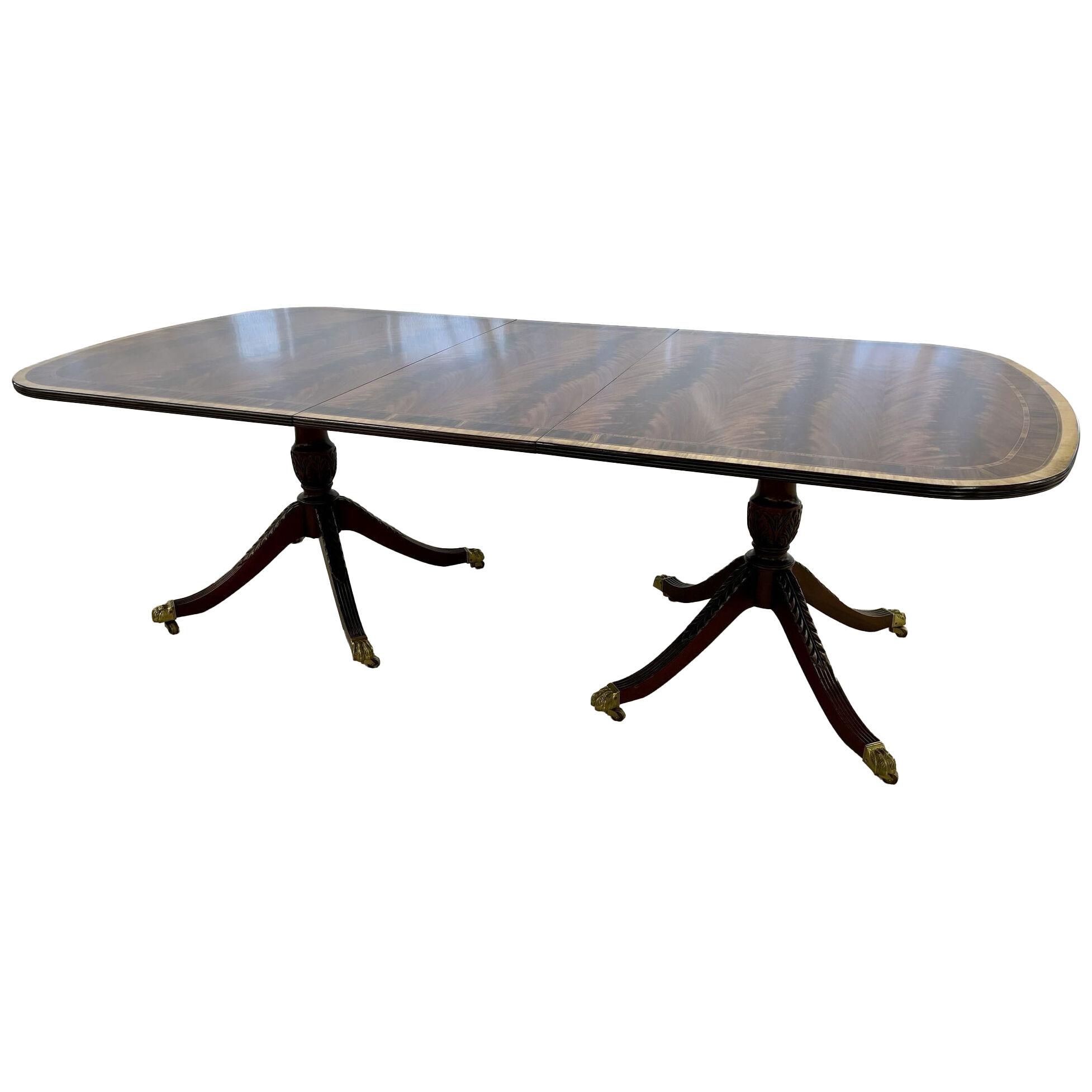 Custom Banded Flame Mahogany Dining Table, Double Pedestal, Custom, Brass Feet