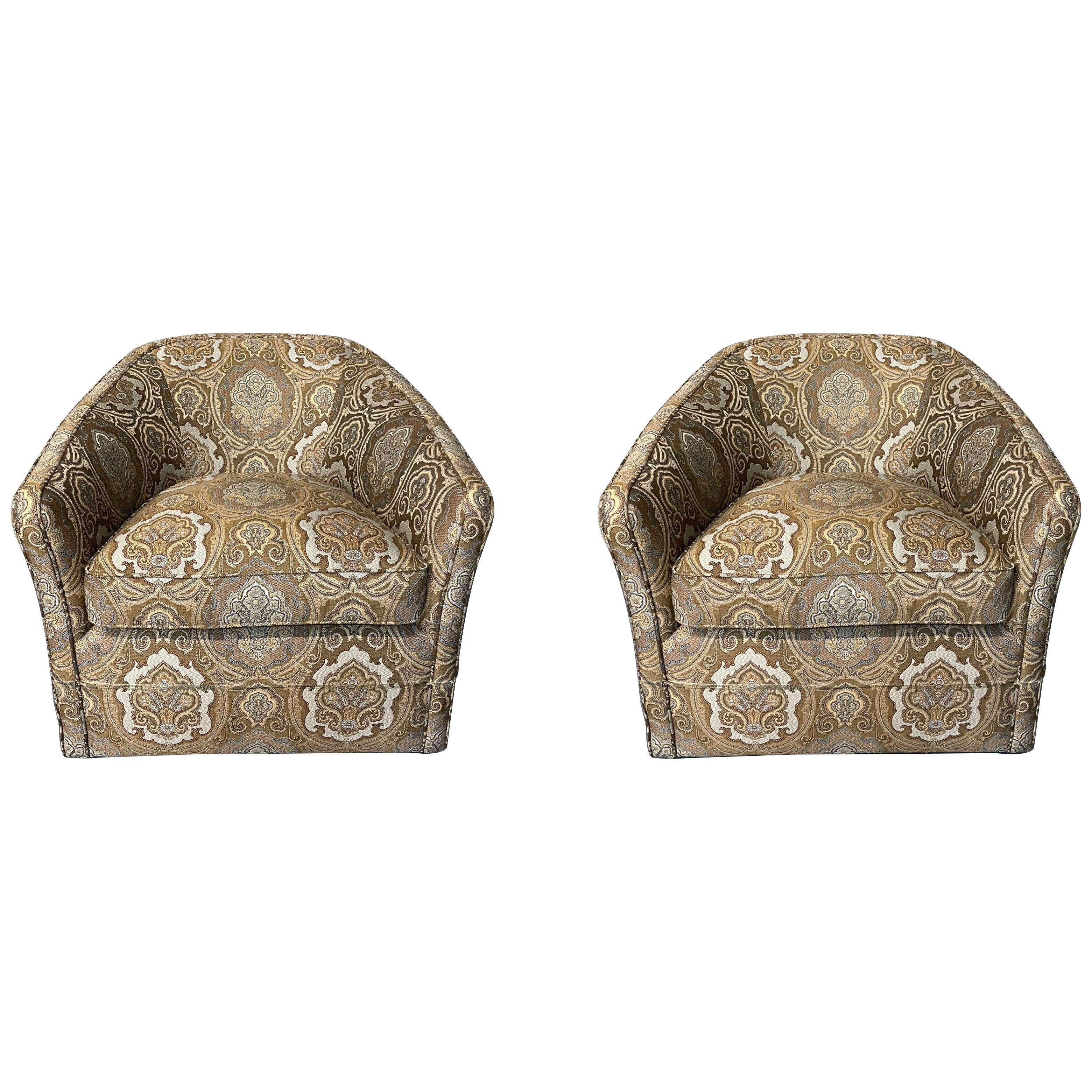 Pair of Vintage Kagan Style Modern Swivel Tub Chairs, Scalamandre Upholstered