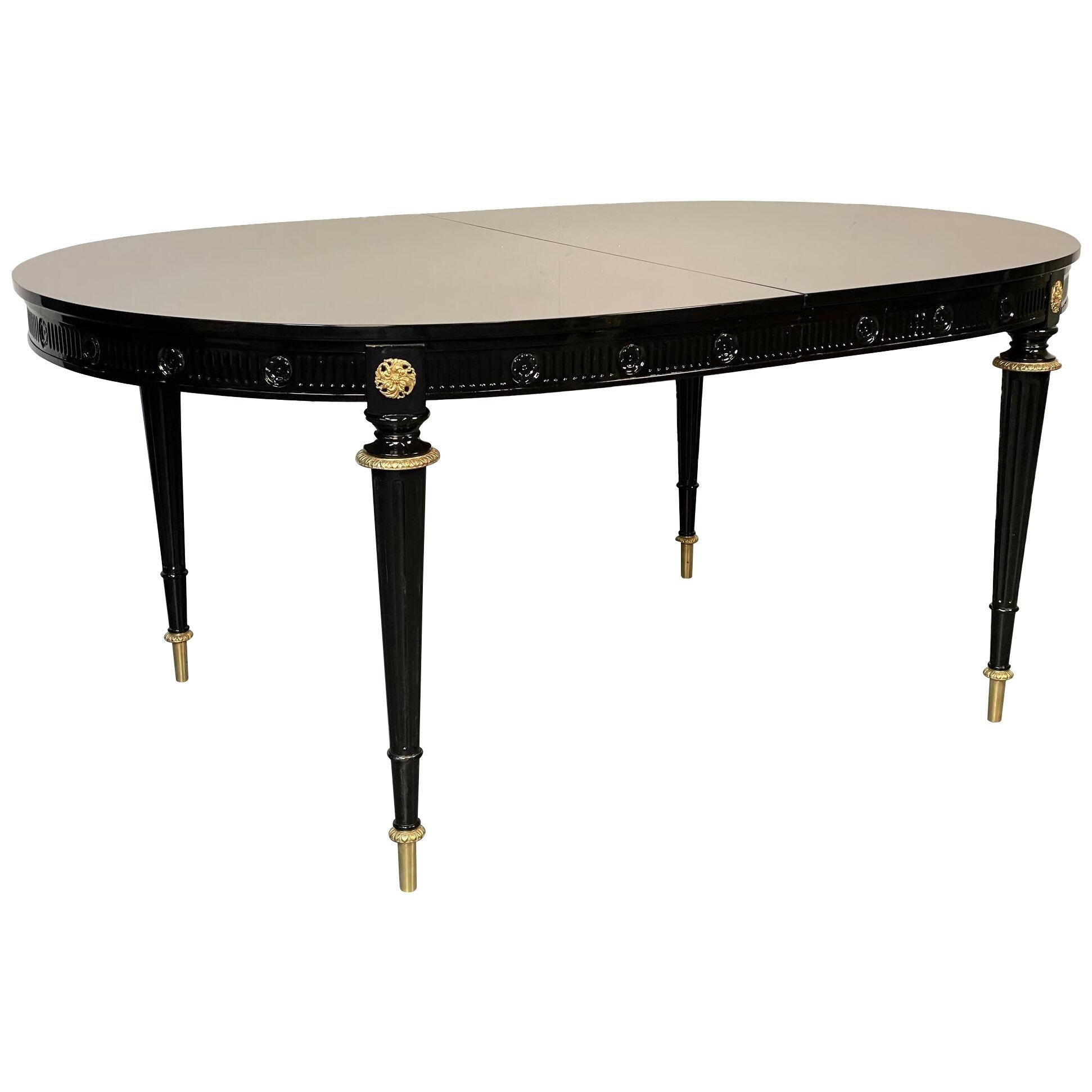 Hollywood Regency Dining Table, Jansen Style, Ebony Lacquer, Hand Carved, Bronze