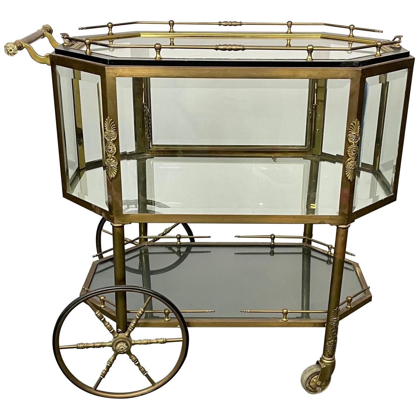 Hollywood Regency Beveled Glass, Bronze, Tea Wagon / Serving Cart / Bar Cart
