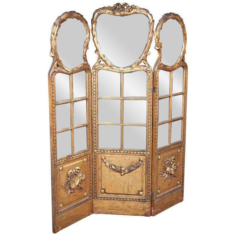 Gilt Mirrored Back Three-Panel Louis XVI Style Folding Screen Gilt Gold Finish