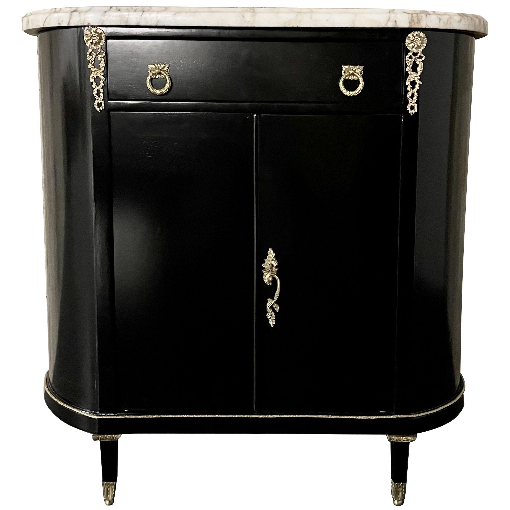 Ebony Hollywood Regency Louis XV Style Chest / Cabinet, Demi Lune
