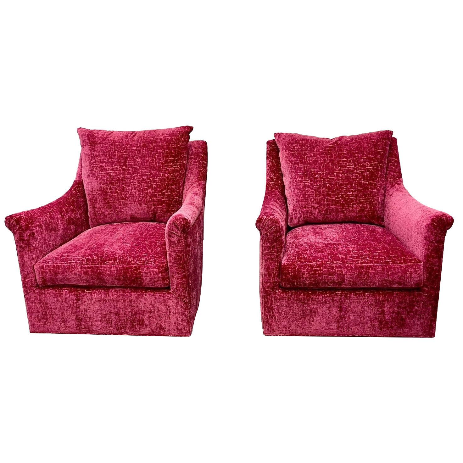 Pair of Fuchsia High Back Swivel Chairs, American Designer, New Upholstery