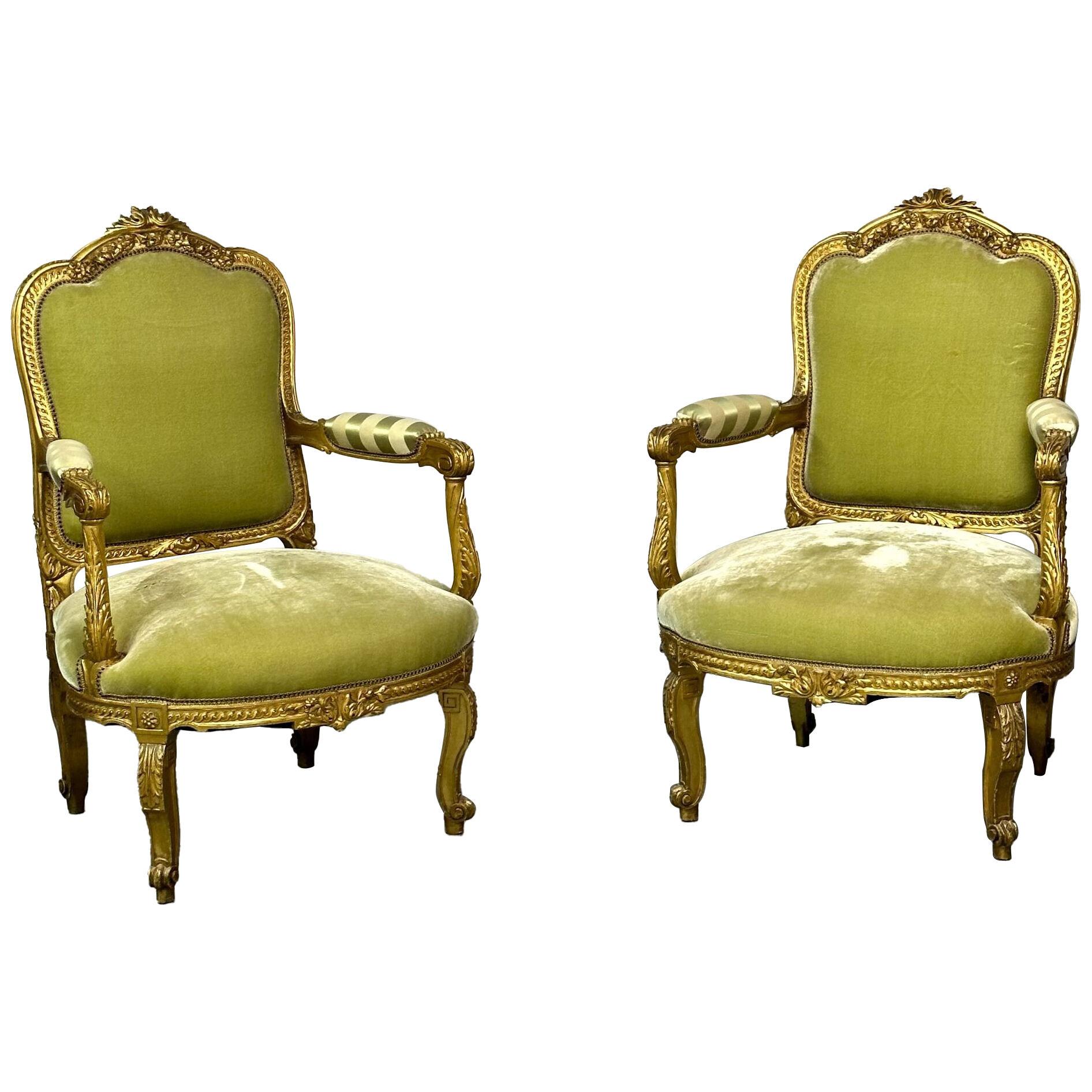 Pair of Louis XV Fauteuils, Armchairs, Solid Giltwood, Durand, 19th Century,