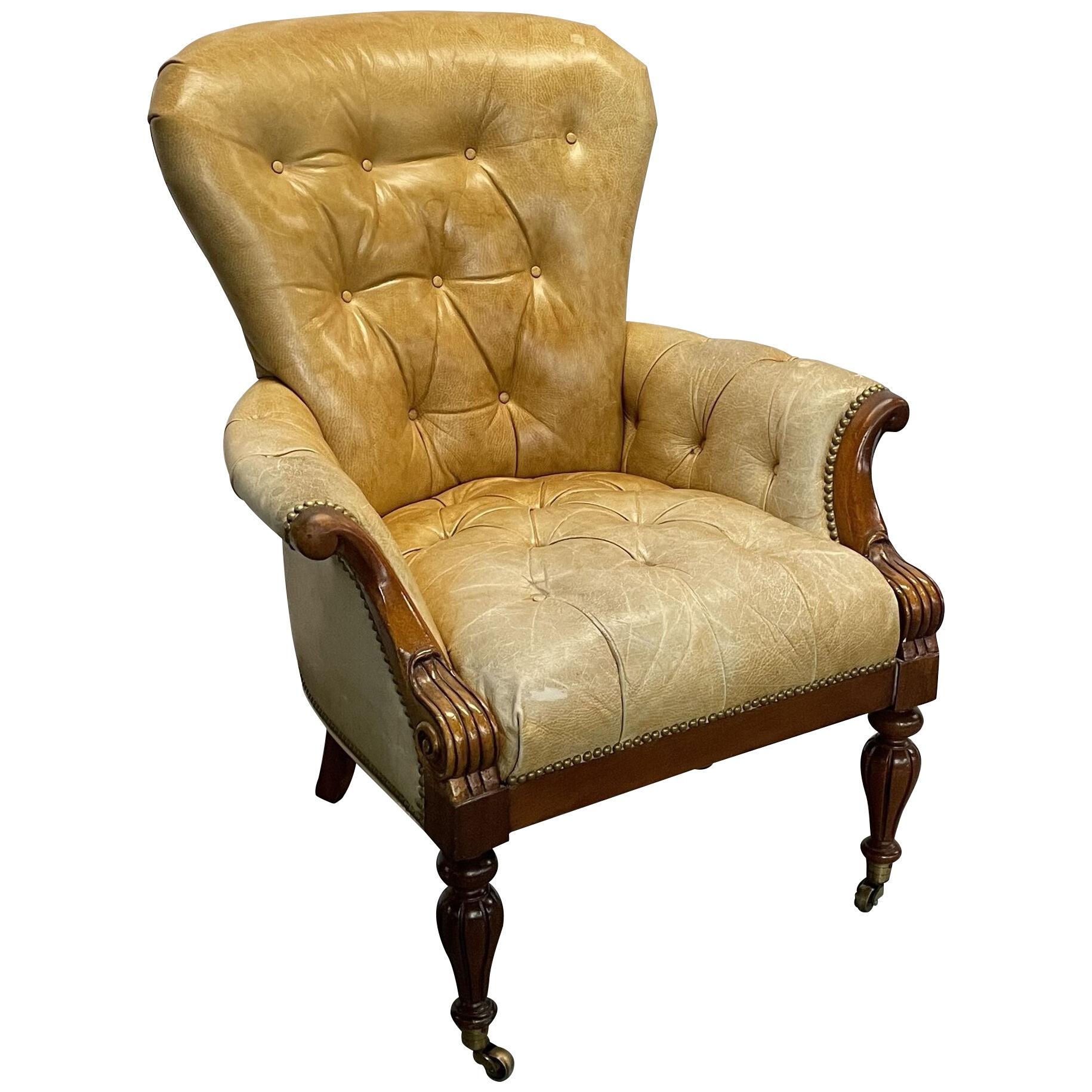 Sheridan Office / Wing / Accent Chair, Tufted Leather, Patinated, Bronze Casters