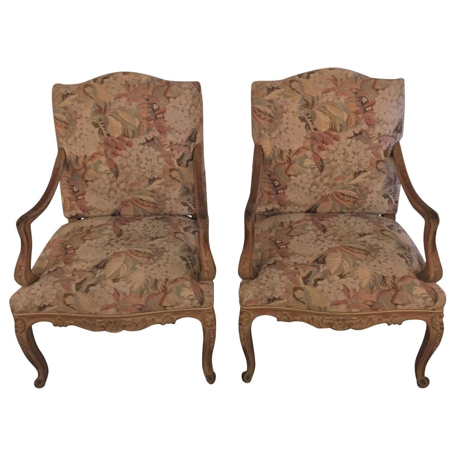 Pair of Distressed Finely Carved Louis XV Style Fauteuils Manner Jansen