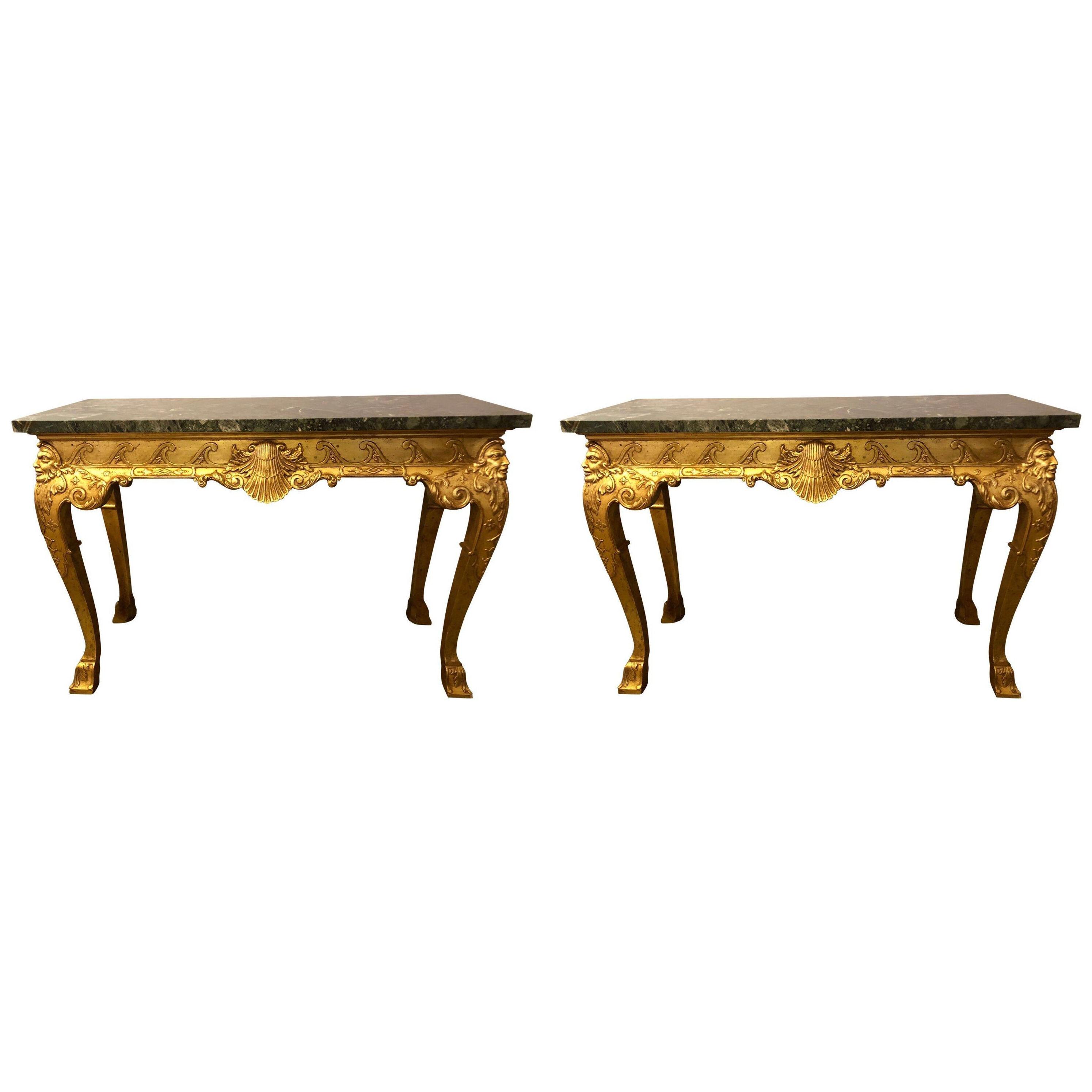 19th Century Pair of George II Style Carved Giltwood Marble Top Console Tables