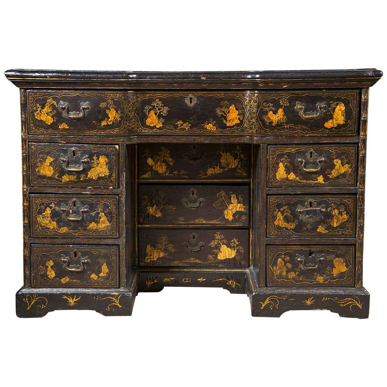 18th-19th Century Chinese Export Chinoiserie Lacquer Decorated Knee Hole Desk