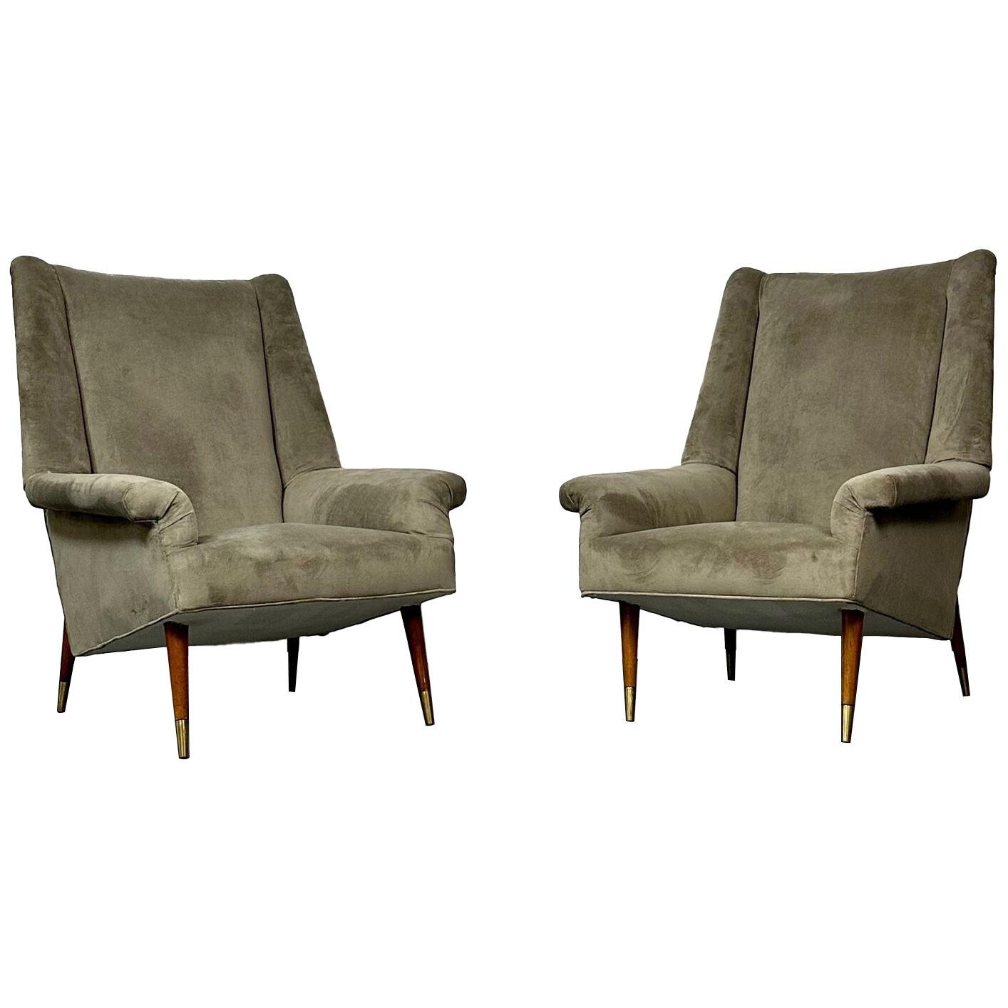 Pair Italian Mid-Century Modern Lounge Chairs, Wing Back, Gio Ponti Style