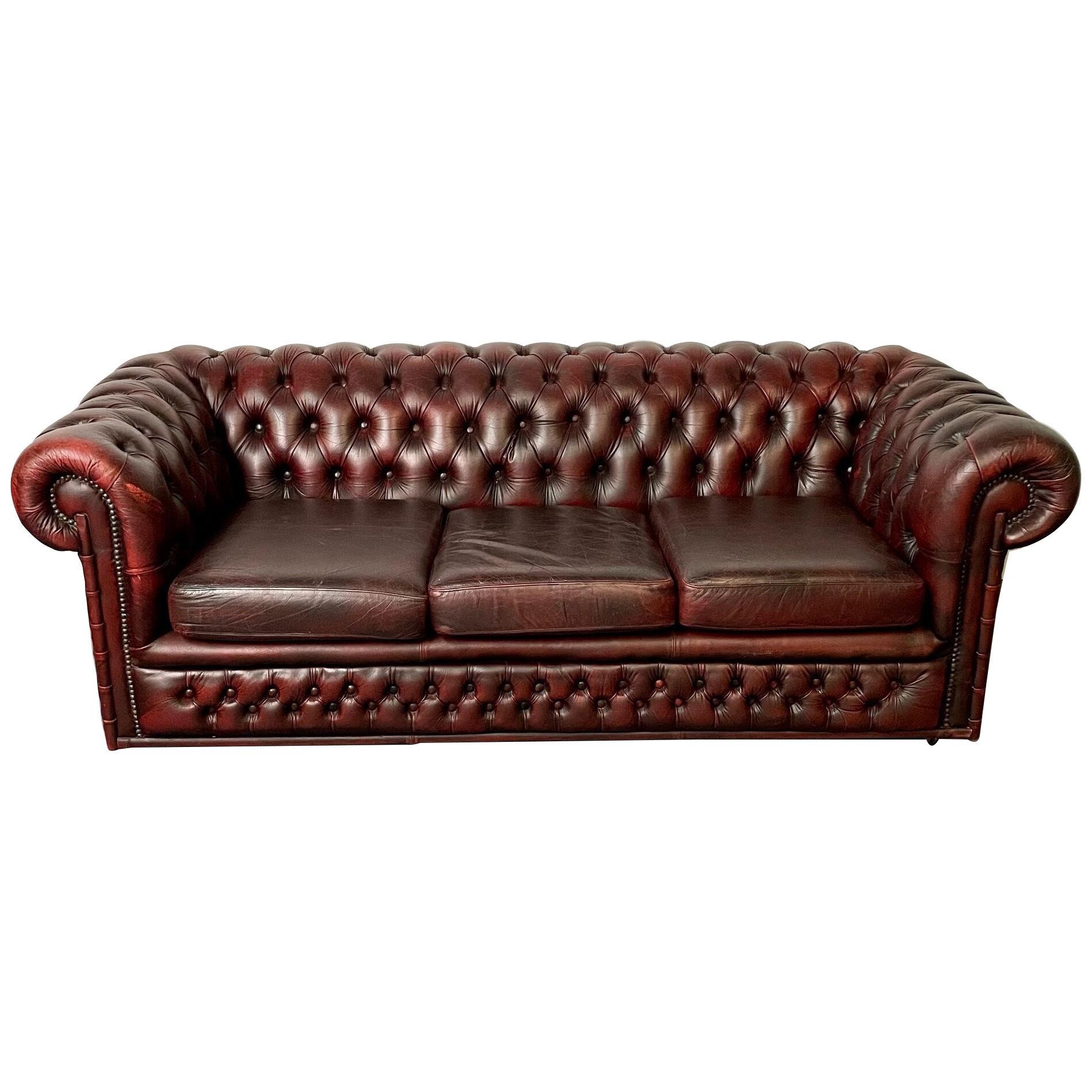 Georgian Oxblood Leather Chesterfield Sofa, Settee Faux Bamboo Front, Tufted