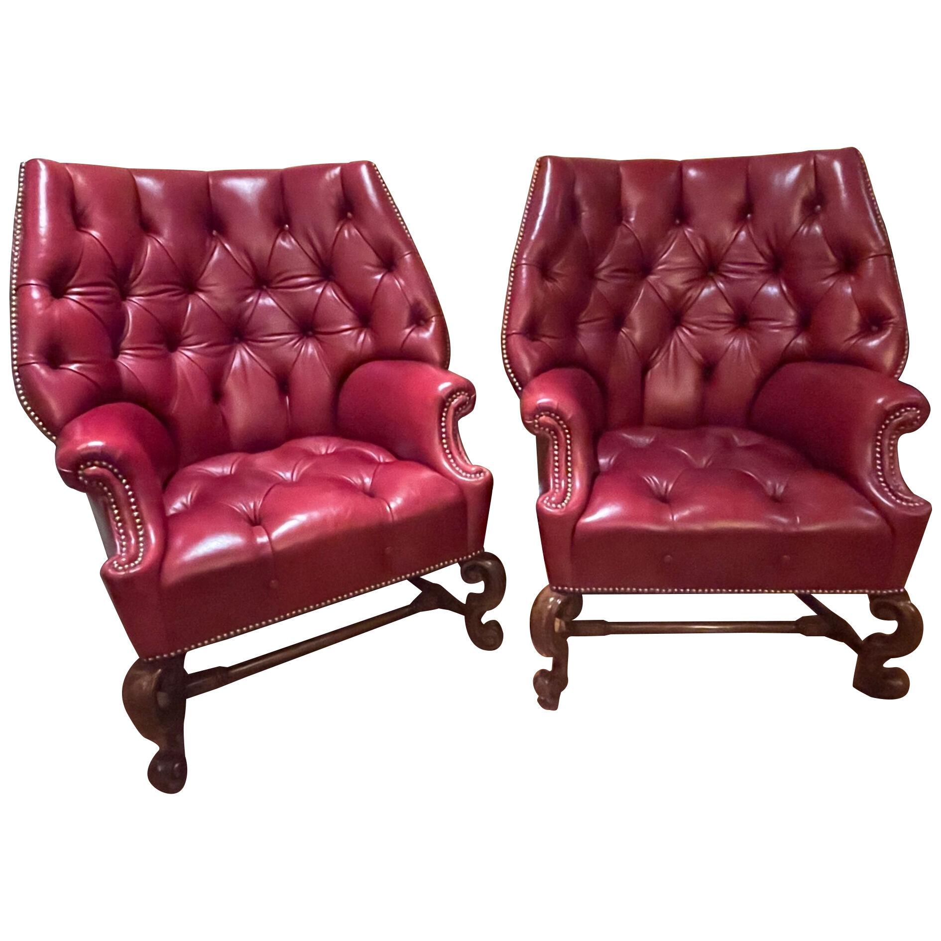 Pair Oversized Tufted Leather Wingback Lounge Chairs, Georgian, Finest Quality