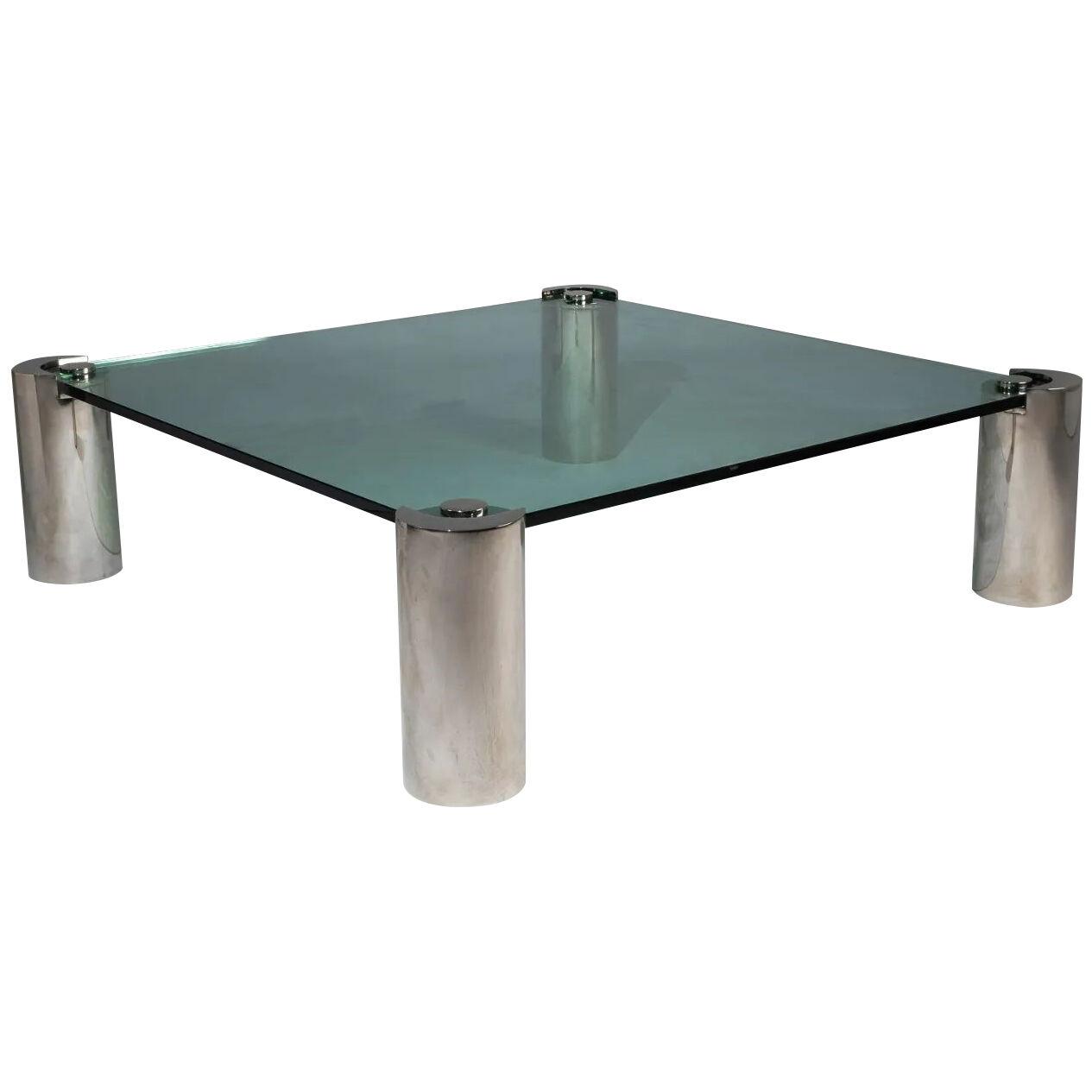 Mid-Century Modern Karl Springer Signed Chrome Coffee, Cocktail Table, Glass Top