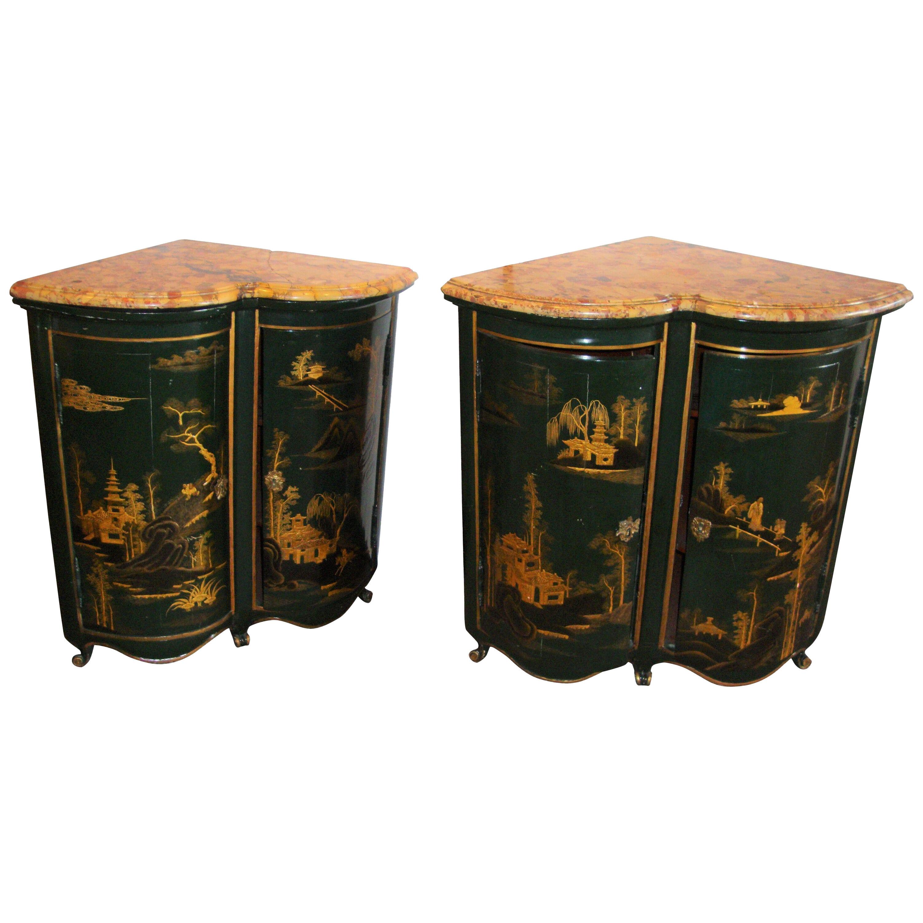 Pair of Maison Jansen Louis XV Style Green and Gilt Japanned Encoignures