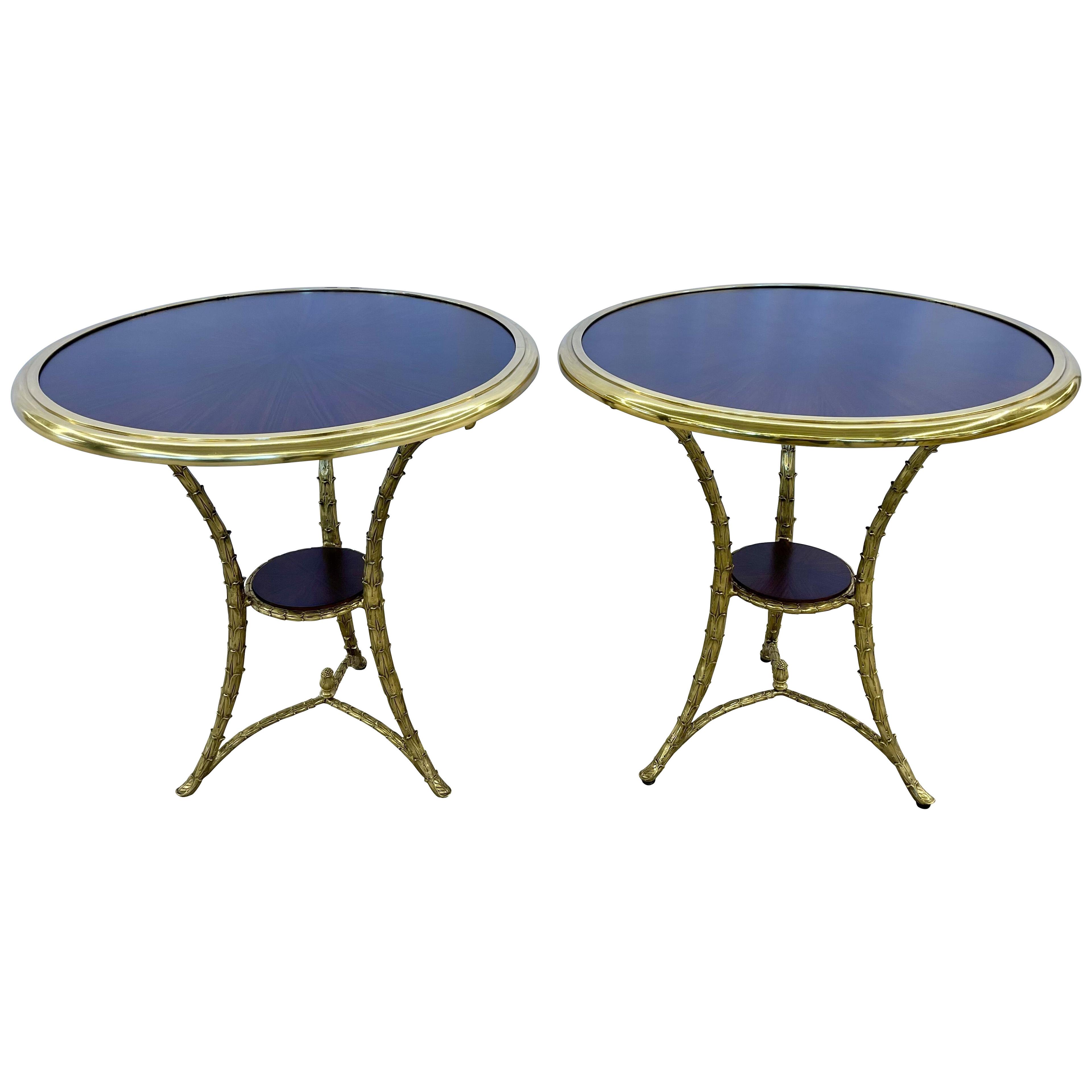 Pair of Bagues Style Gueridon Tables with Bronze Framed Rosewood Tops France