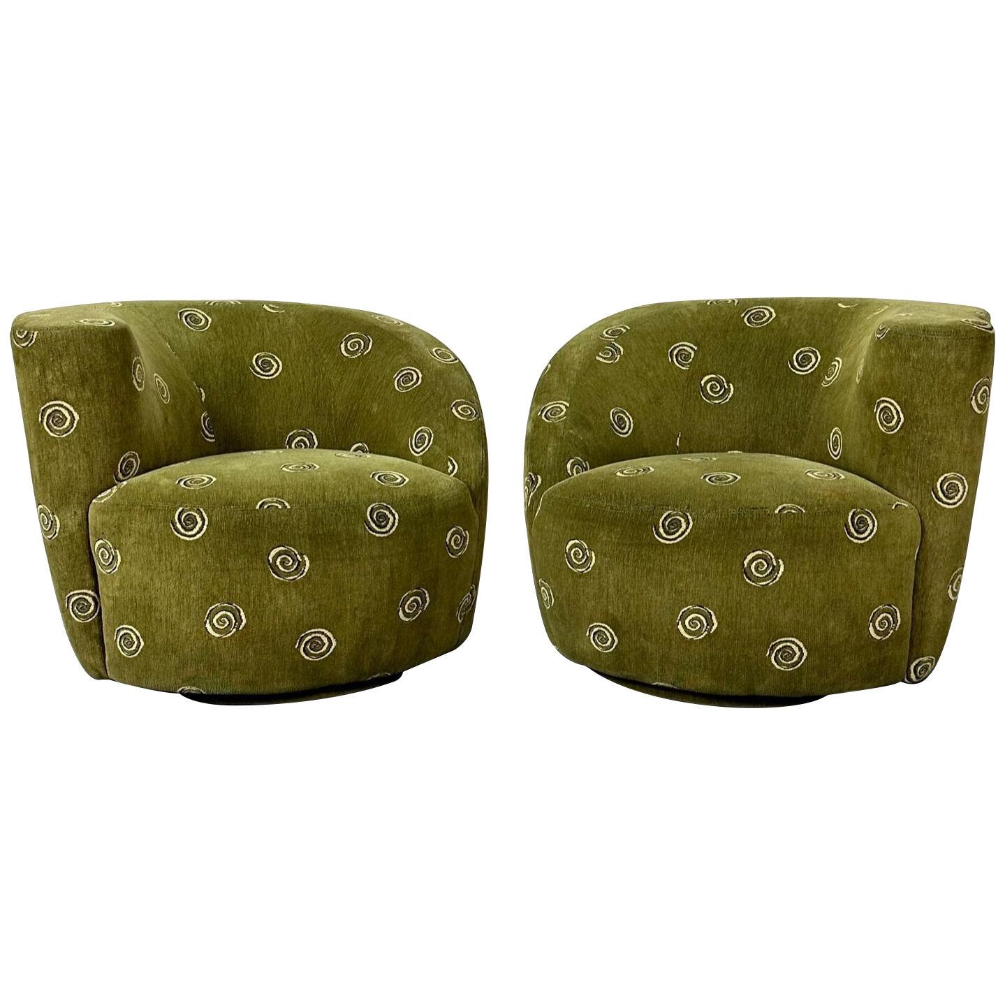 Pair Mid-Century Modern Barrel / Swivel / Lounge Chairs, Green Velvet, Nautilus