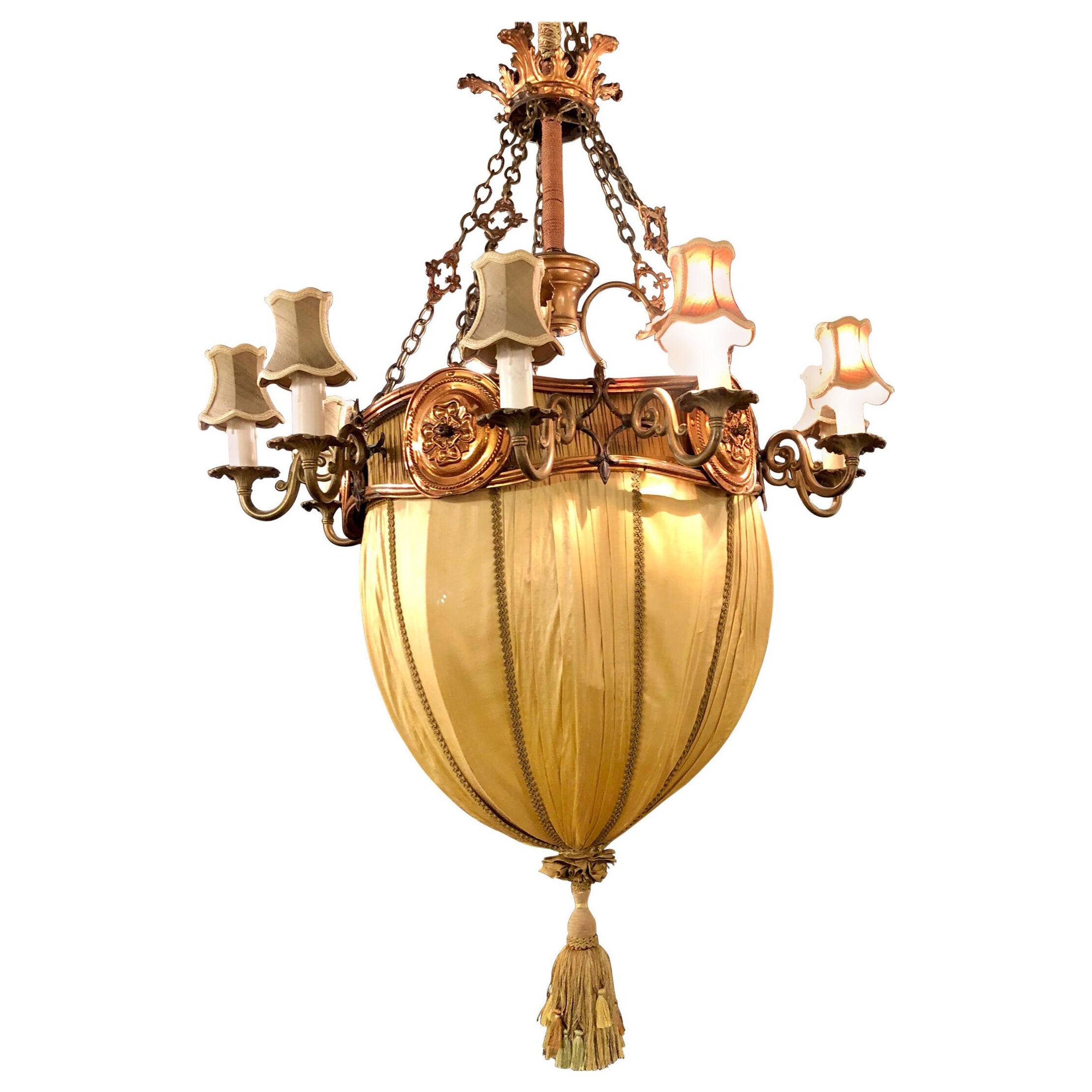 Palatial Light Fixture in Copper, Brass and Iron with Silk Dome Shade
