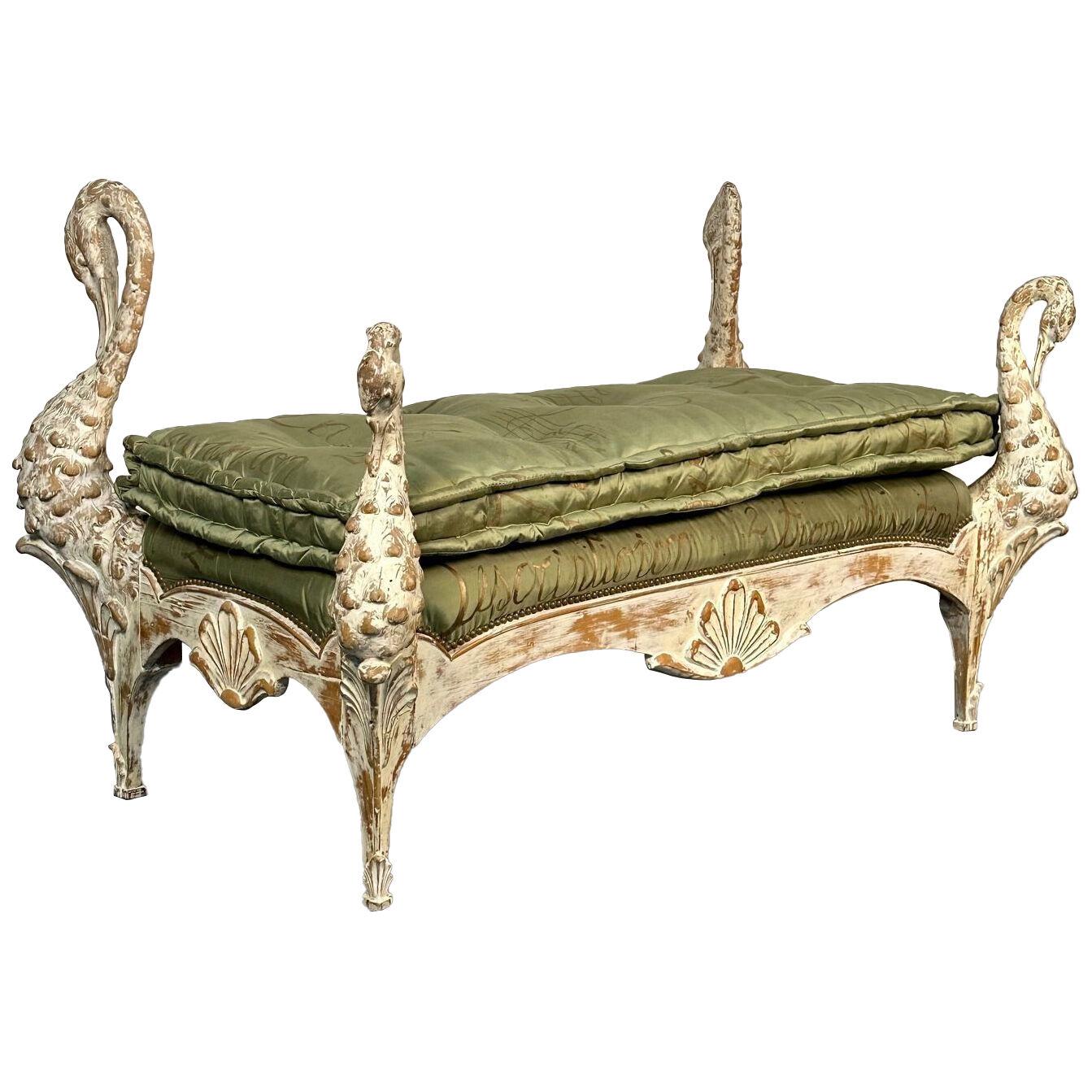 Hollywood Regency Swan Bench / Daybed by Maison Jansen, Hand Carved, Distressed