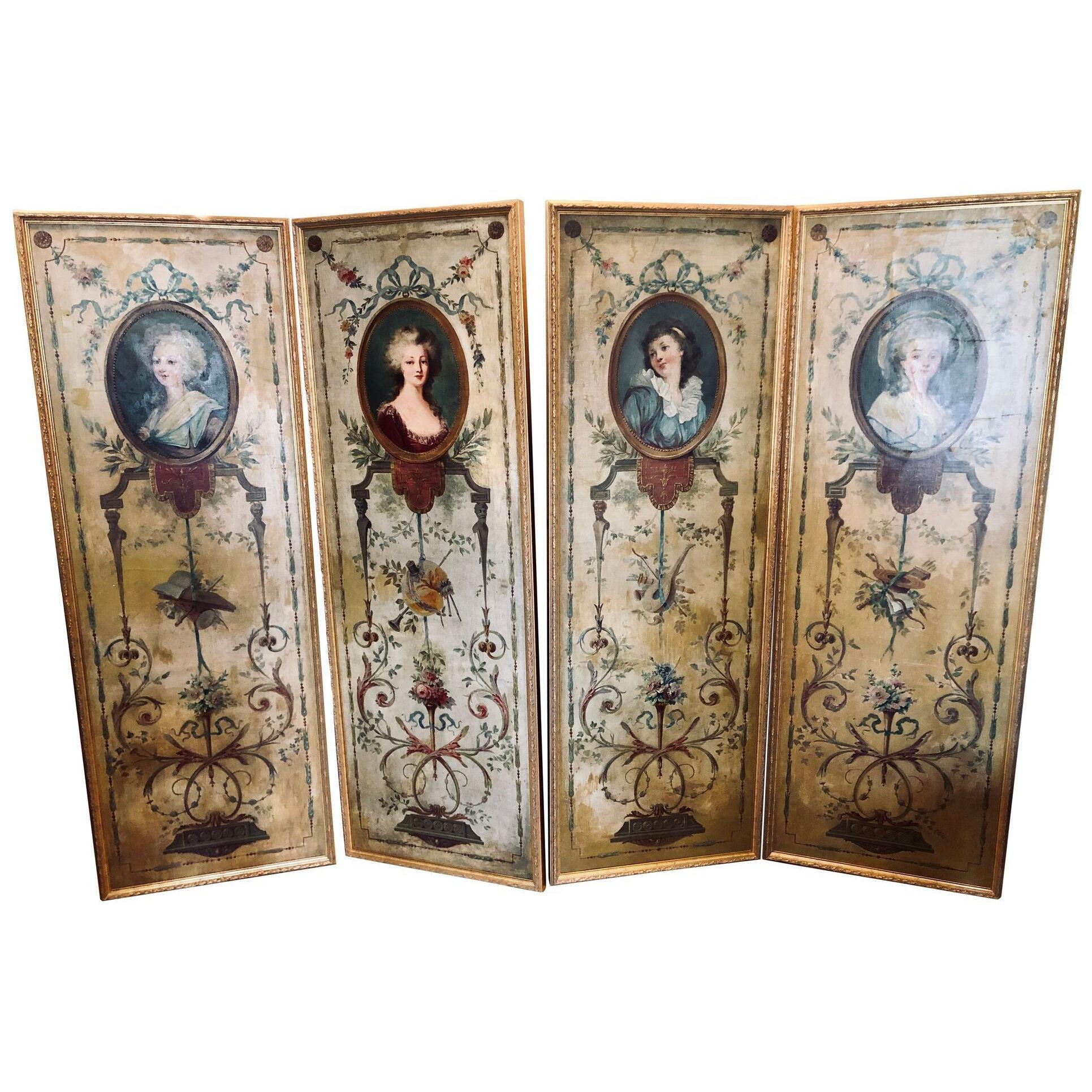 Set of 4 Large French 19th Century Oil on Canvas Wall Panels Trumeau Paintings