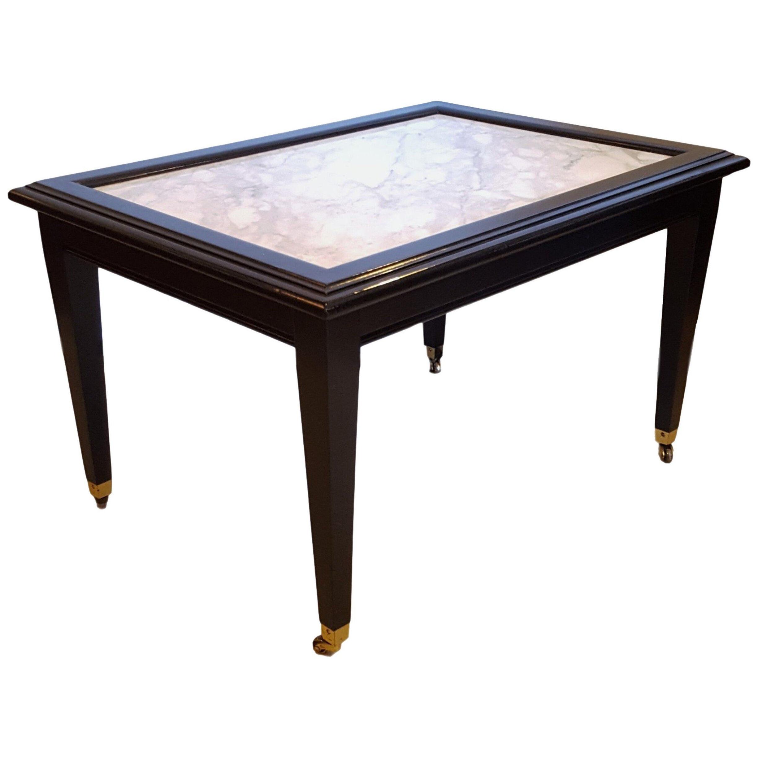 Ebonized Marble Top Coffee Table / Cocktail Table On Wheels manner of Jansen