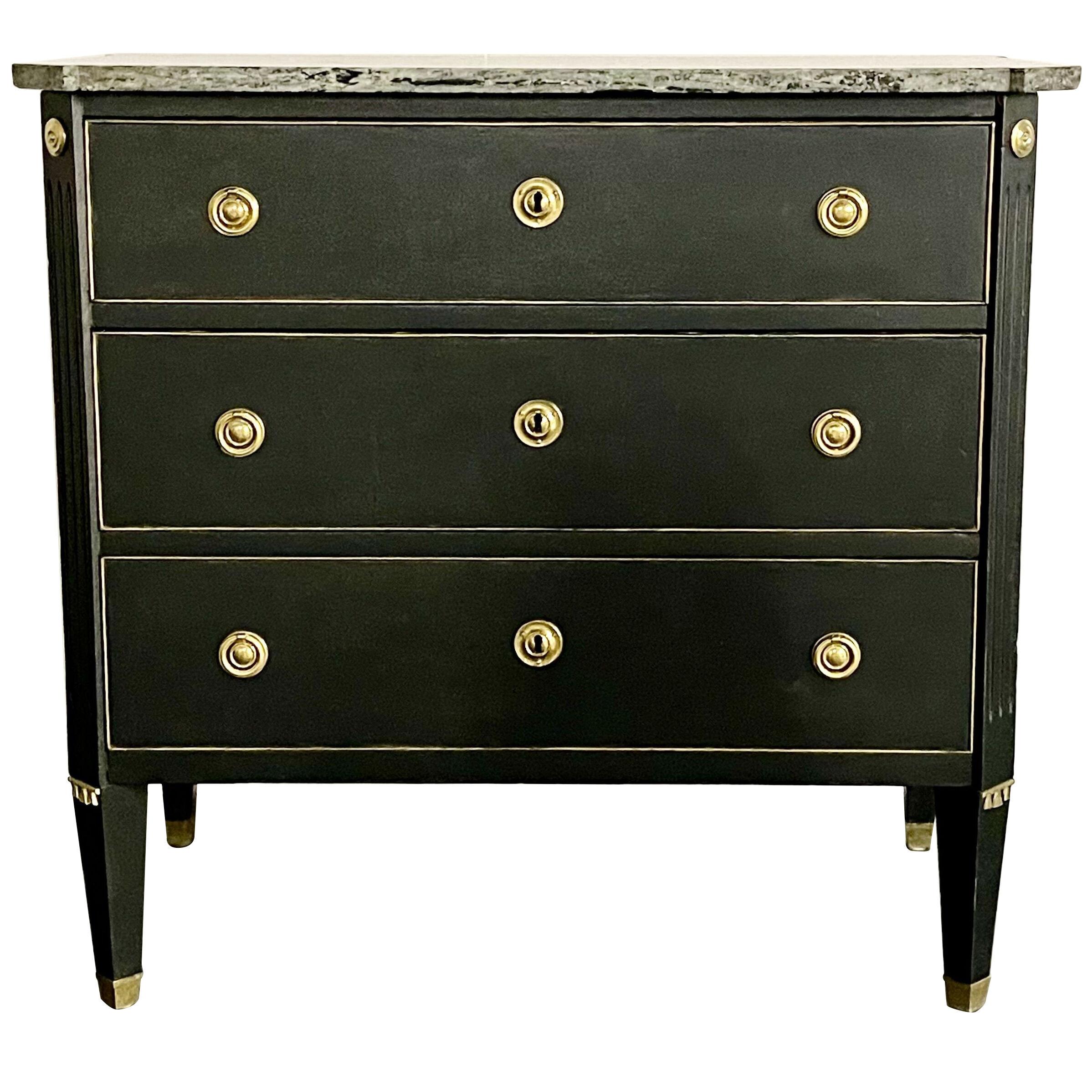 Gustavian Chest, Ebony, Painted Faux Marble Top, Brass Accent, 20th Century