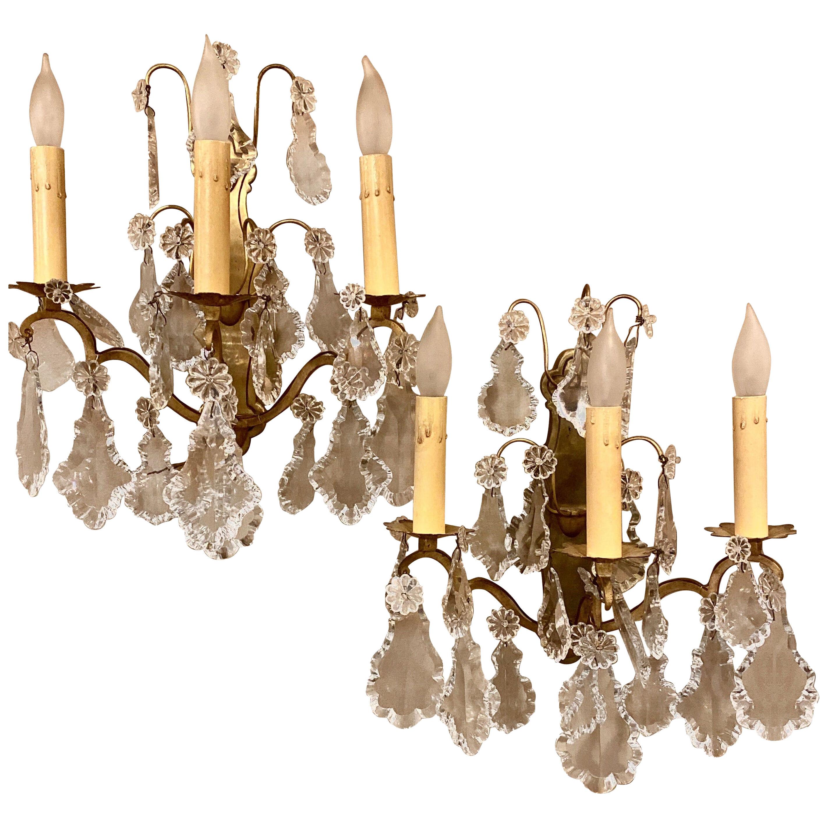 Gilt Bronze and Crystal Three-Light Wall Sconces French Early 20th Century, Pair
