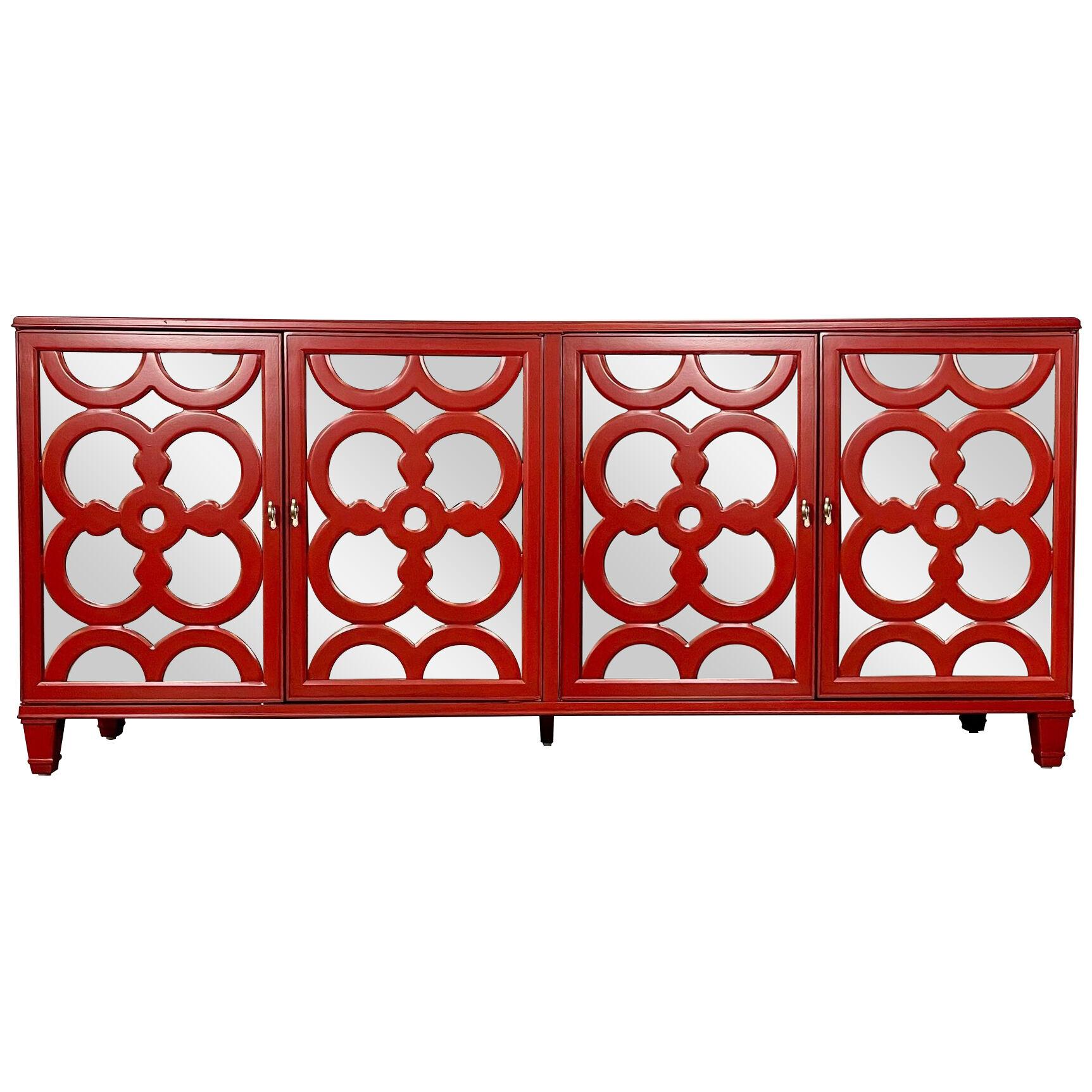 Modern Sideboard, Dresser or Chest, Red Lacquered, Mirrored.