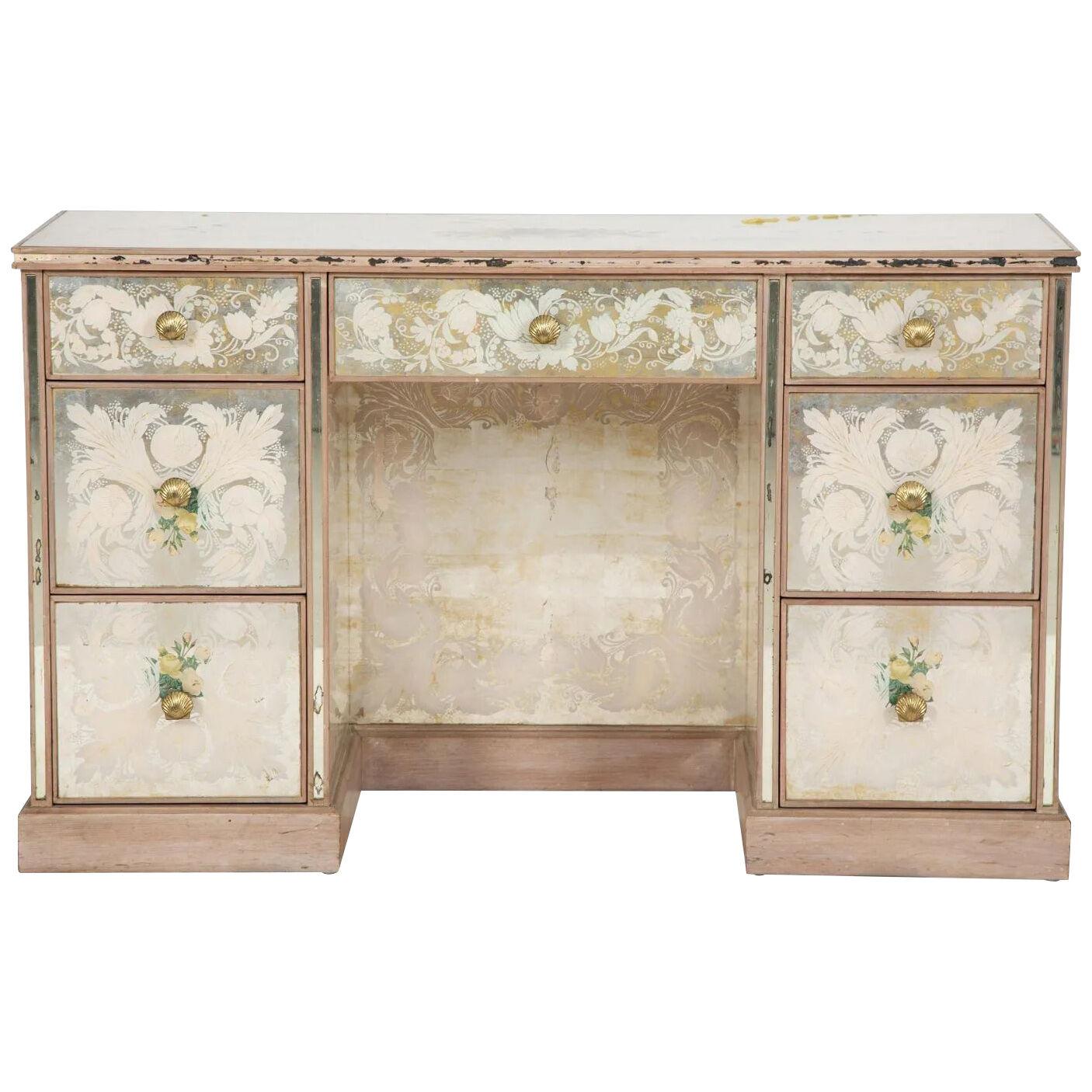 Hollywood Regency French Eglomise Mirrored Desk, Vanity or Writing Table