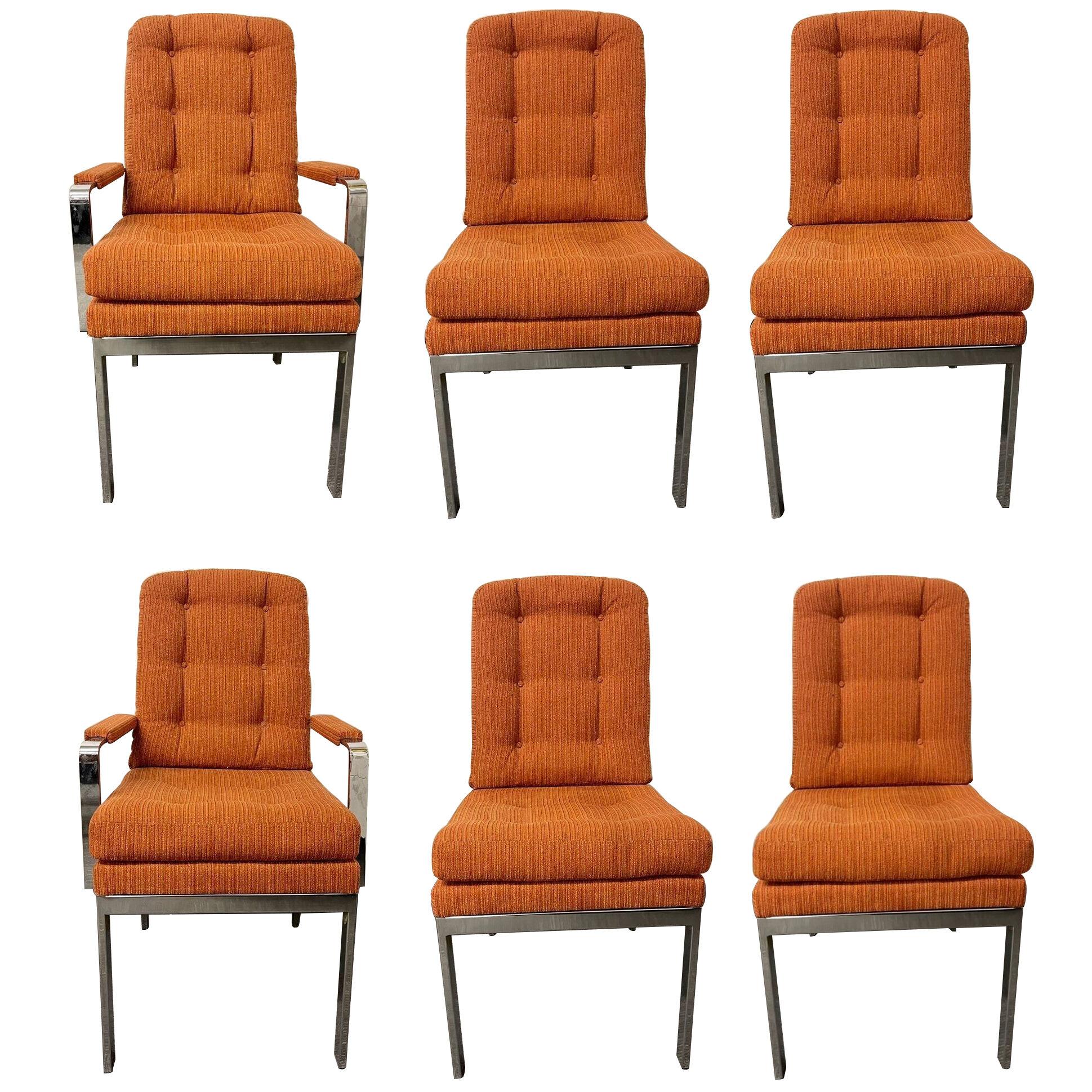 6 Chrome Base Milo Baughman Style Dining Chairs, Mid Century Modern