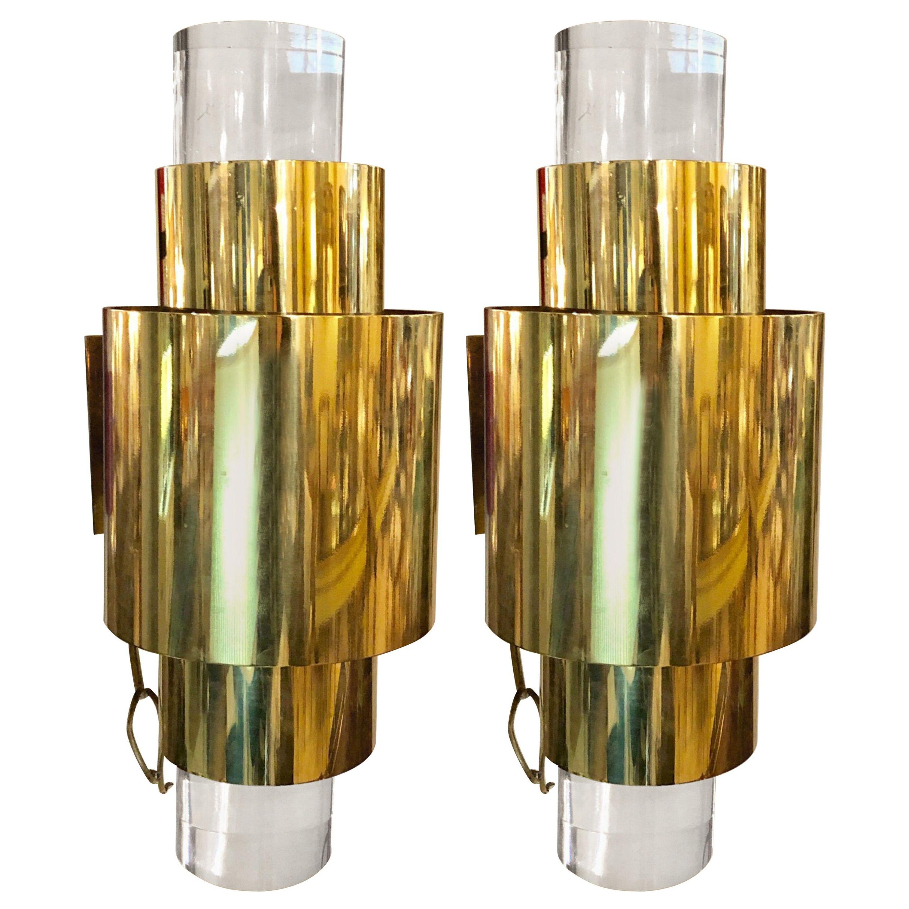 Pair of Mid-Century Modern Brass and Lucite Wall Sconces	