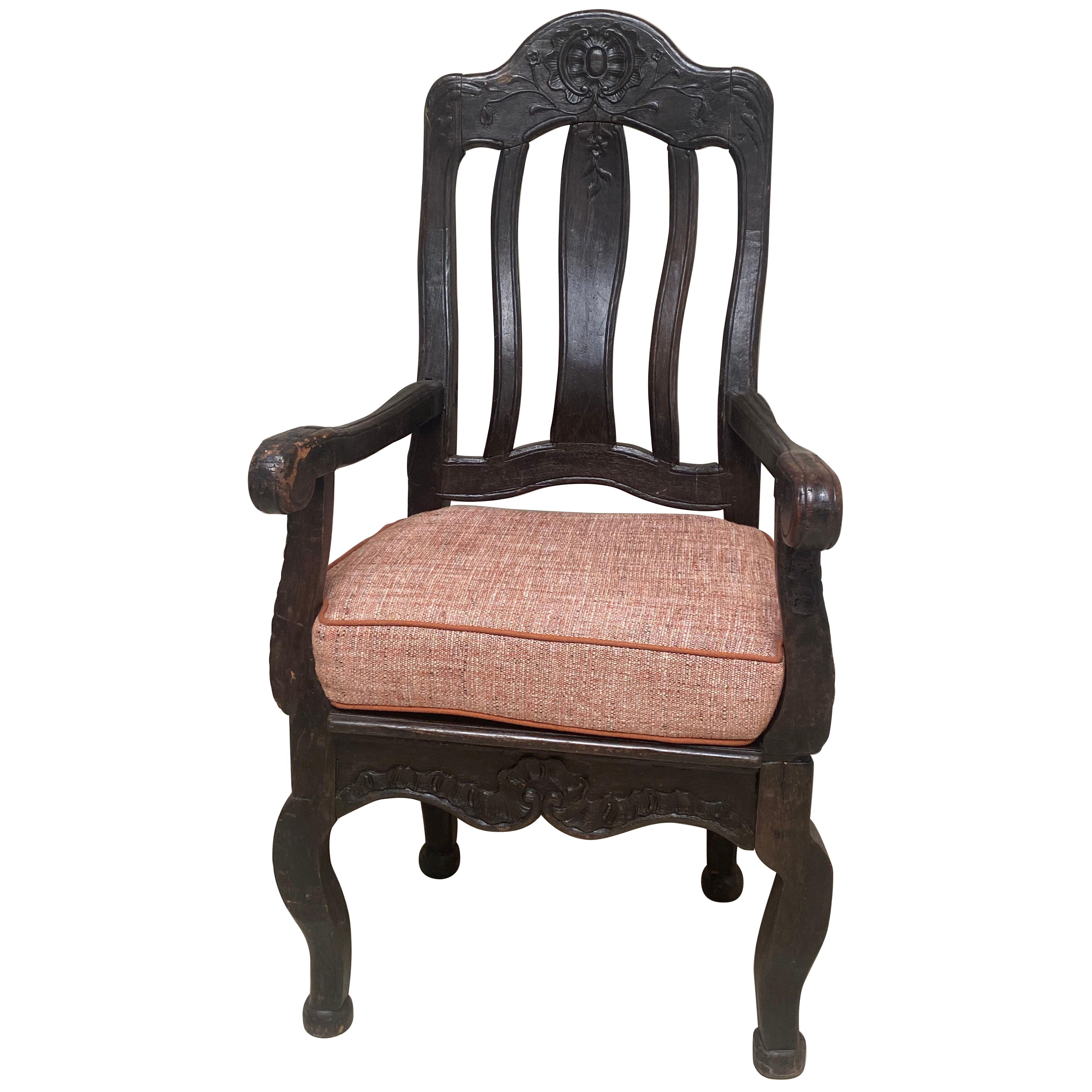 Swedish Antique Dark Wood Arm Chair,18 th Century