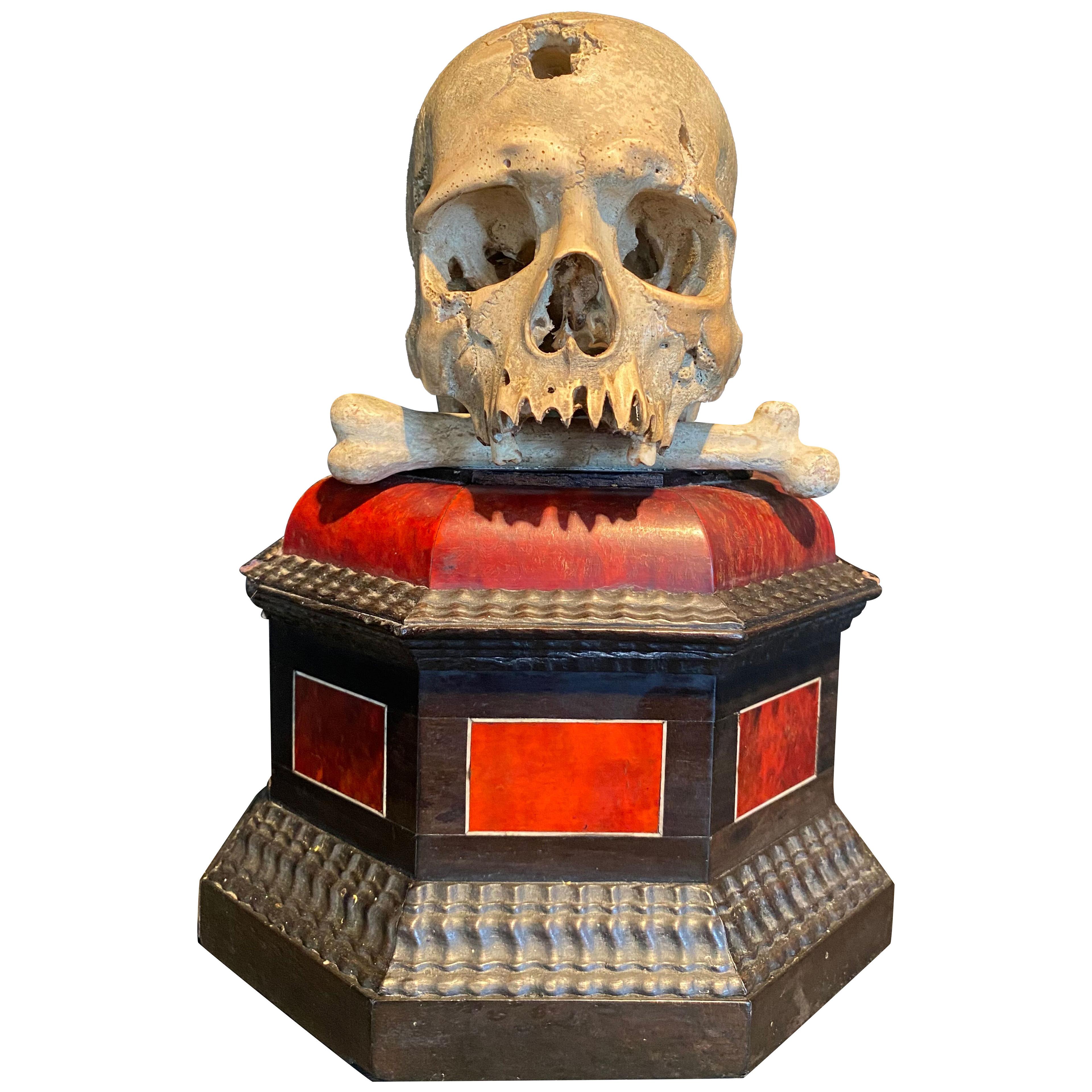 Antique Memento Mori Skull on a Wooden Base