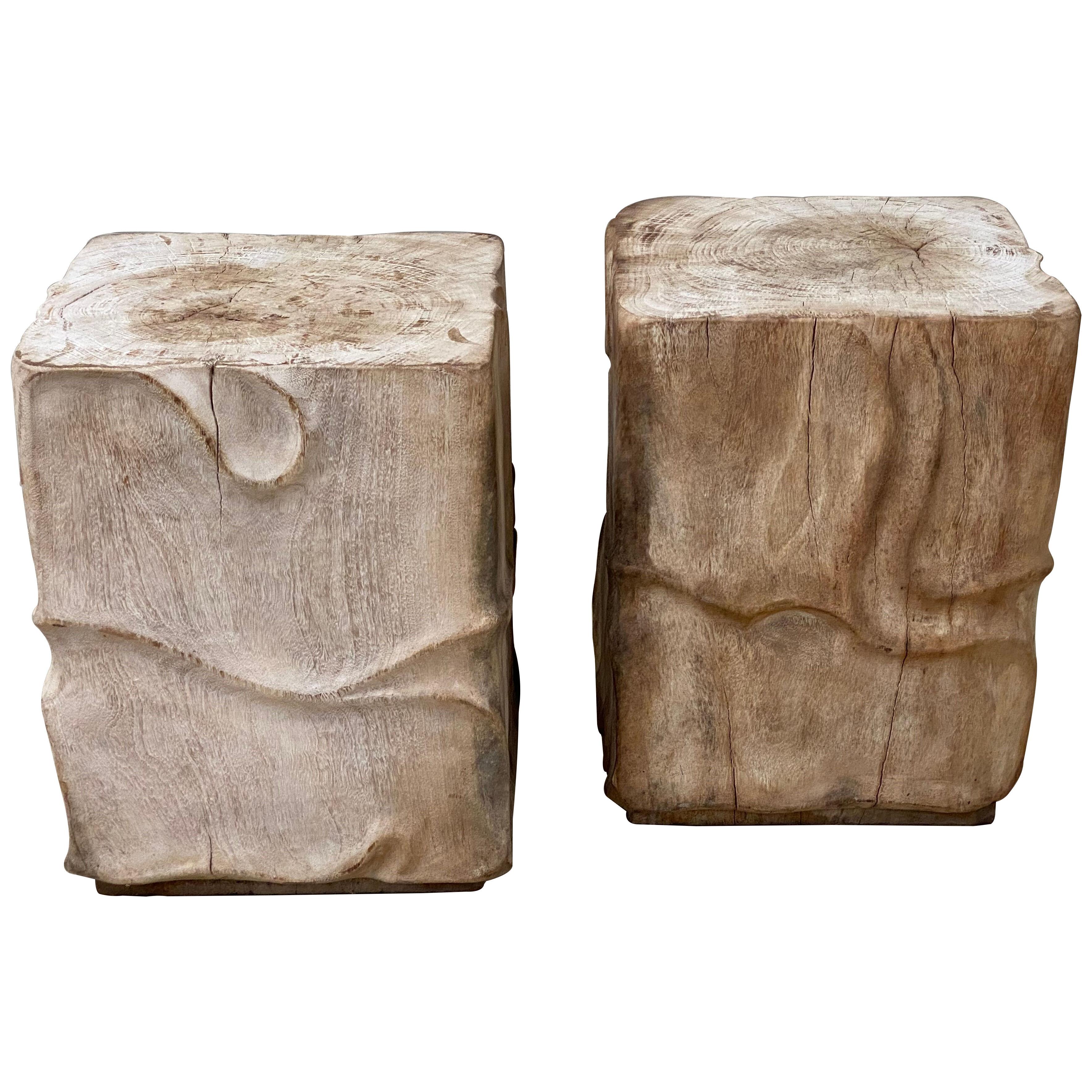 Pair of Brutalist Wooden Stools-Side Tables