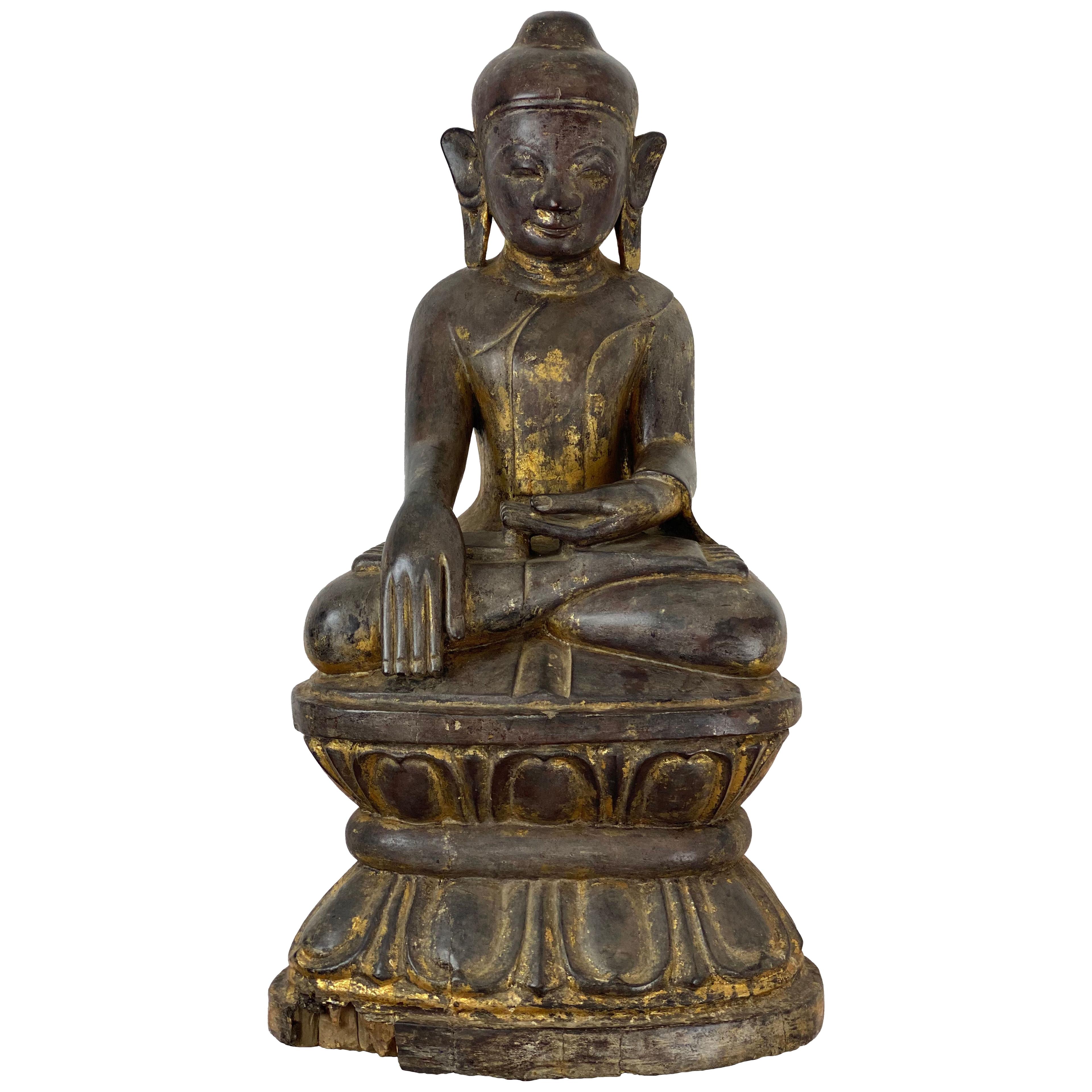 Antique Lacquered Burmese Wooden Buddha