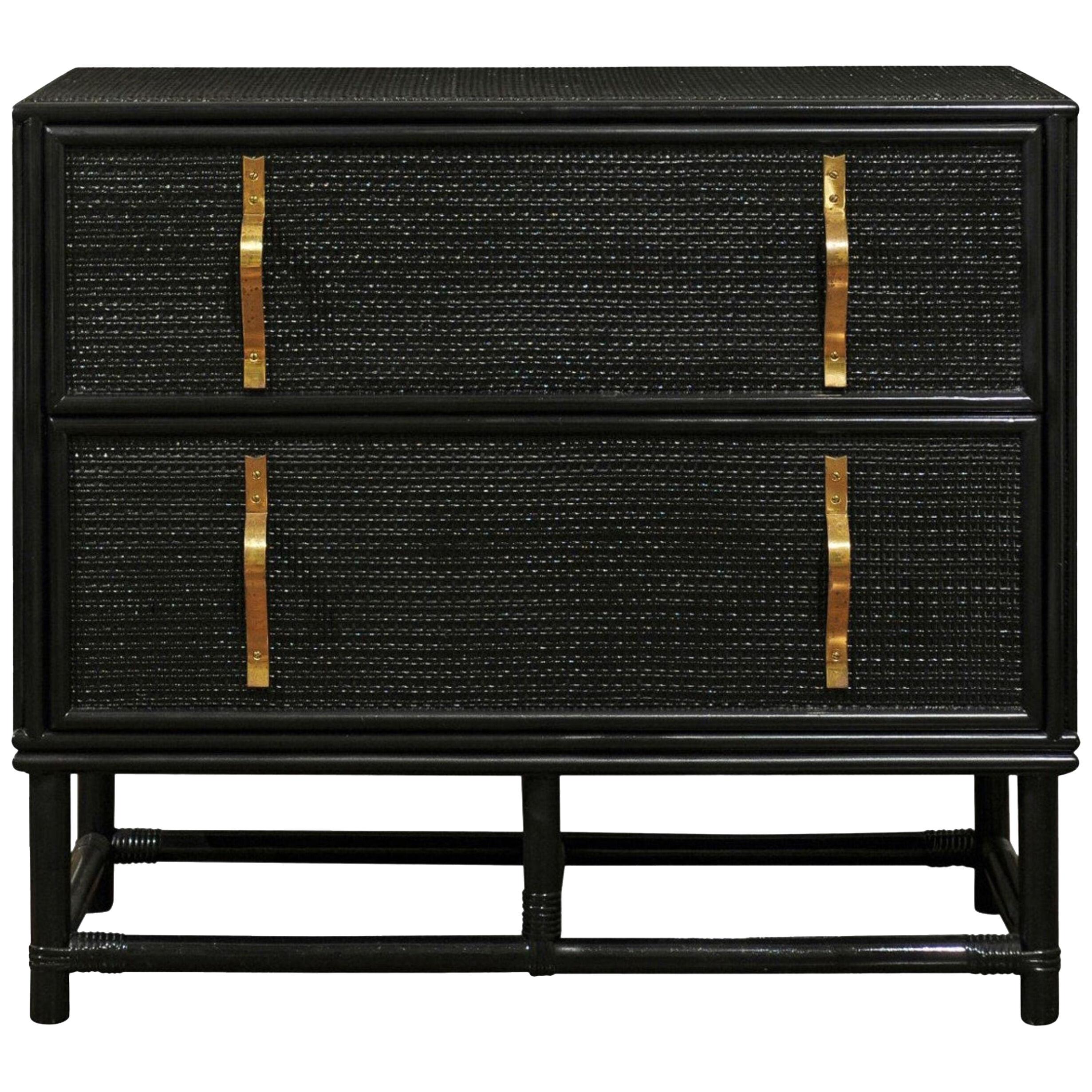 Elegant Black Lacquer Cane and Brass Commode by Tommi Parzinger - Pair Available