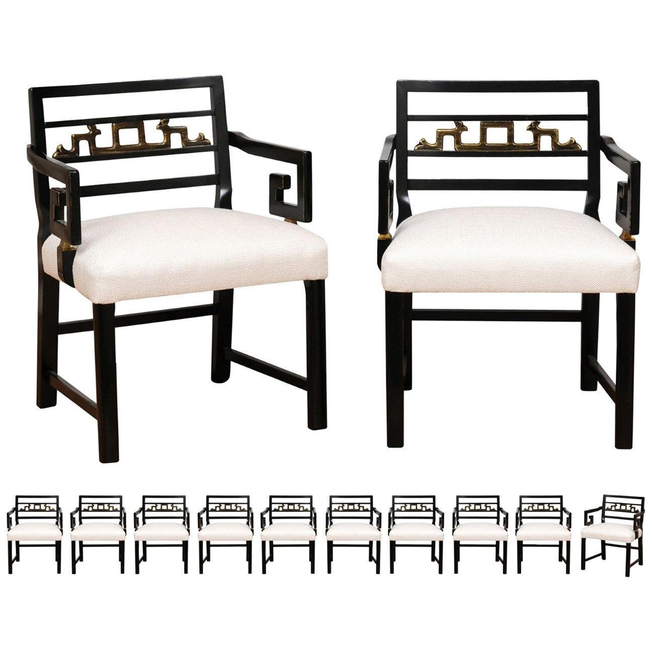 Exquisite Set of 12 Chinoiserie Greek Key Armchairs by Baker, circa 1960