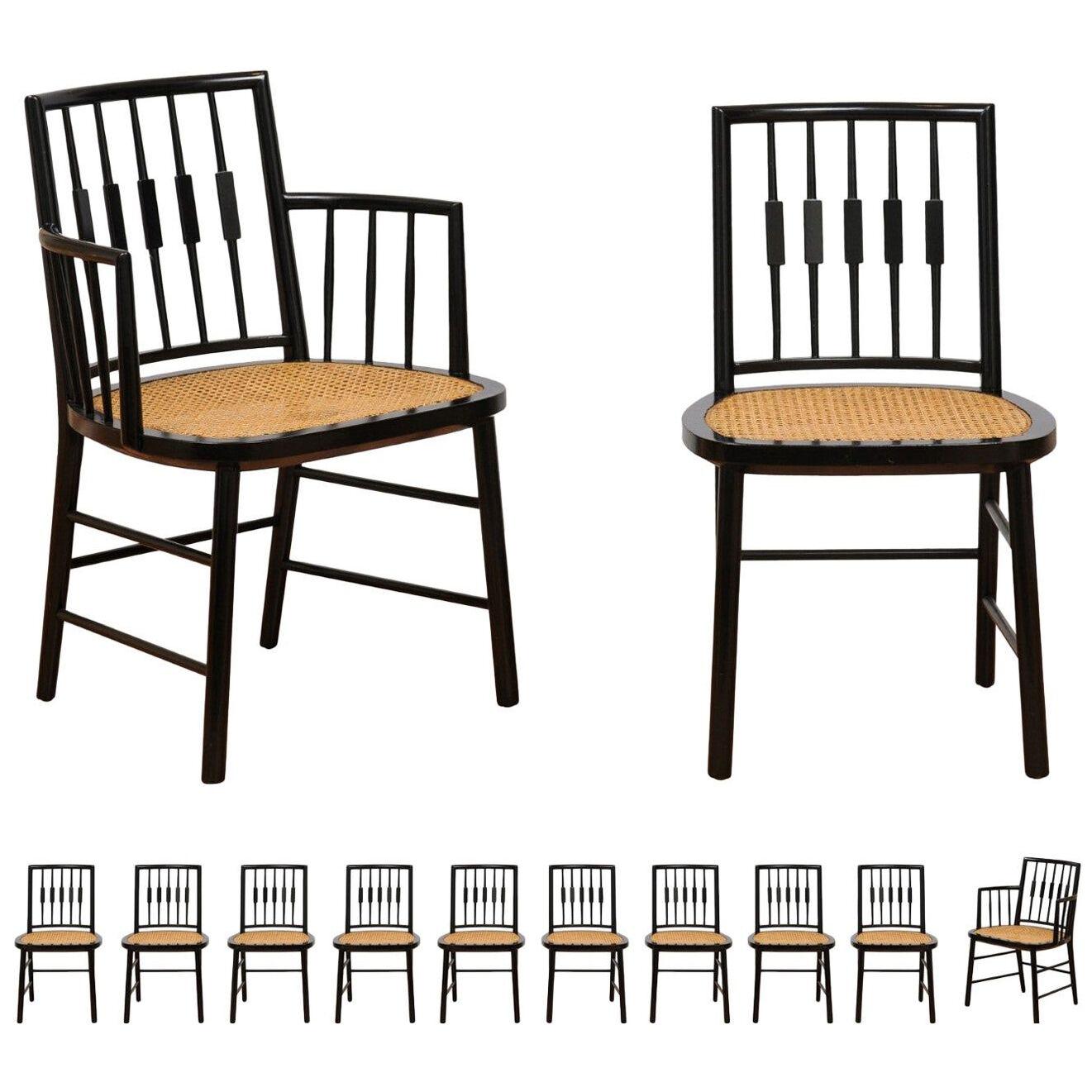 Stellar Set of 12 Modern Windsor Chairs by Michael Taylor, Cane Seats