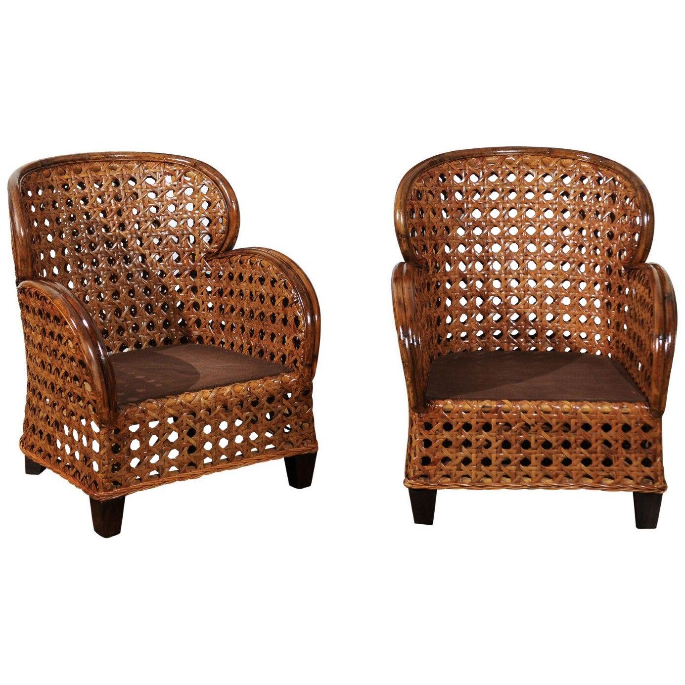 Radiant Pair of Art Deco Revival Club Chairs in Magnificent French Cane