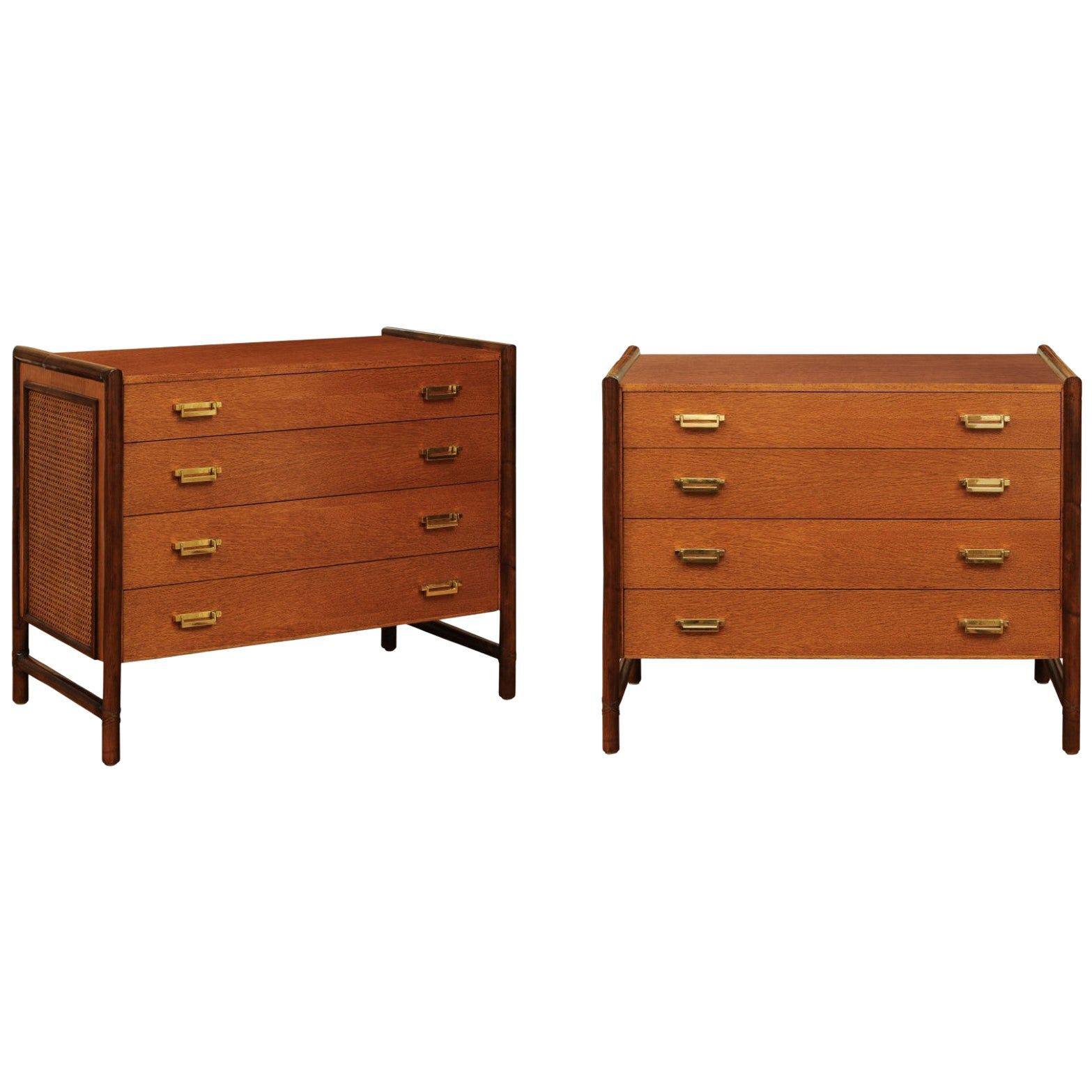 Beautiful Pair of Oak, Rattan and Cane Campaign Commodes by McGuire, circa 1970