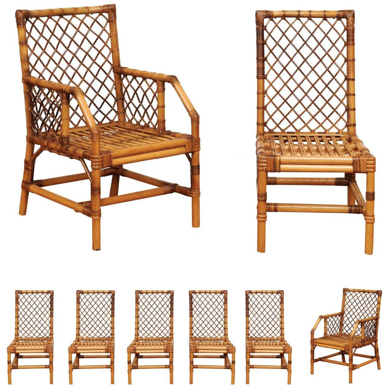 Stellar Set of 8 Rattan and Cane Dining Chairs by Bielecky Brothers, circa 1975