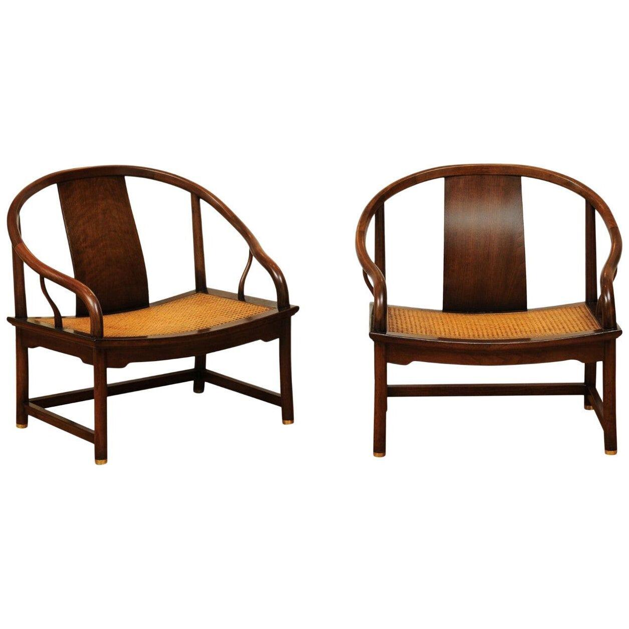 Stunning Restored Pair of Walnut Cane Loungers by Michael Taylor, circa 1960