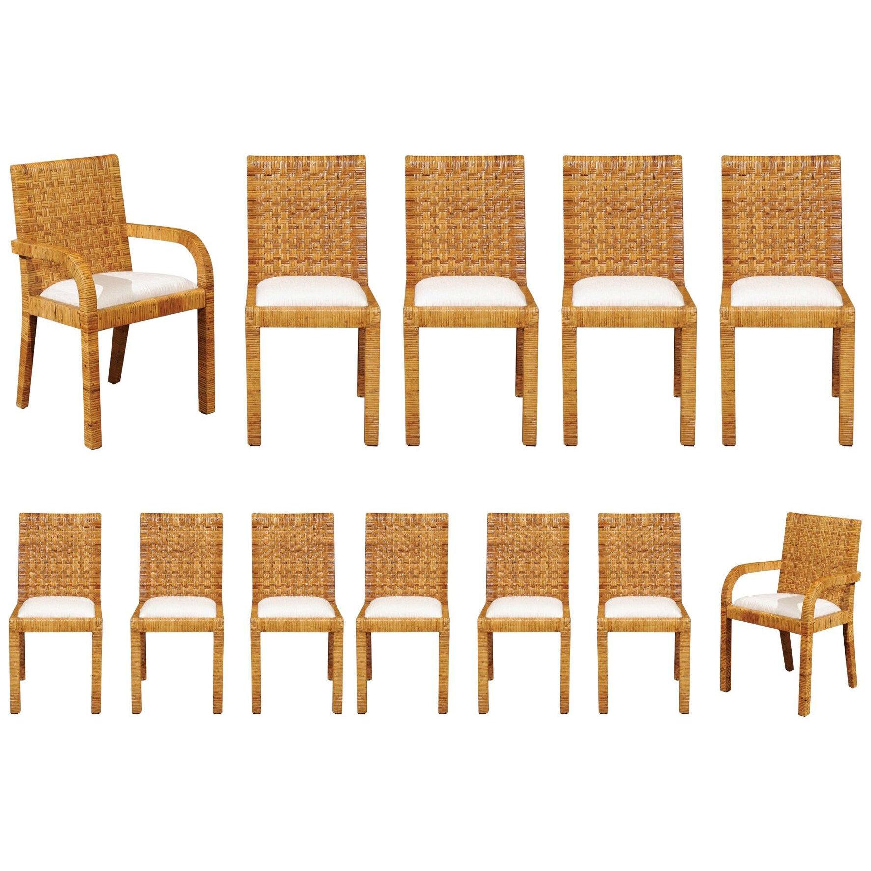 Superb Set of 12 Cane Wrapped Dining Chairs in the Style of Billy Baldwin, 1975